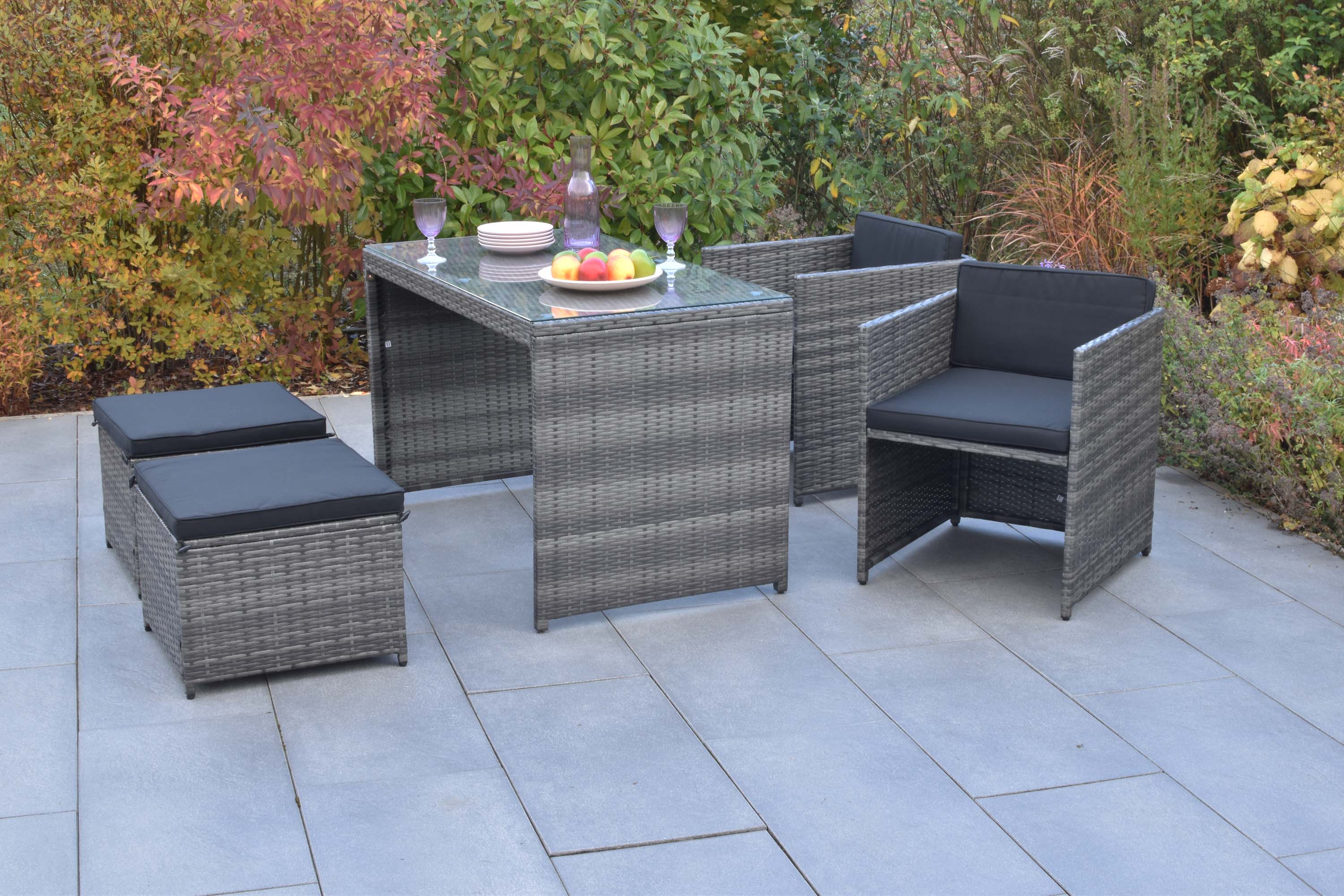 Merano Gartenmöbel Set 11tlg., 2 Sessel, 2 Hocker, 1 Tisch, Stahl/Kunststoffgeflecht