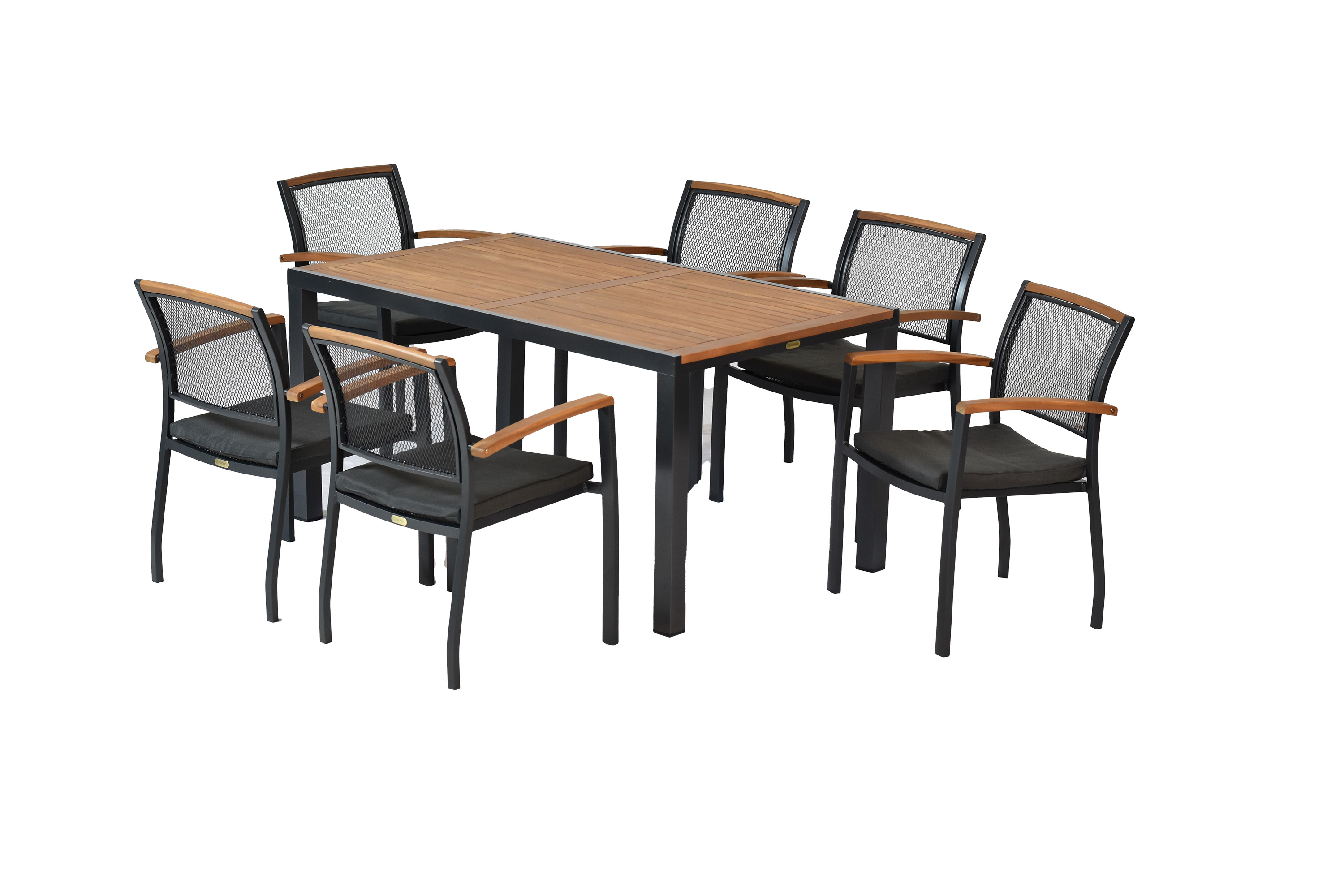 Tilos Gartenmöbel Set 13tlg., 6 Stapelsessel, 6 Auflagen, Tisch 150 x 90 cm