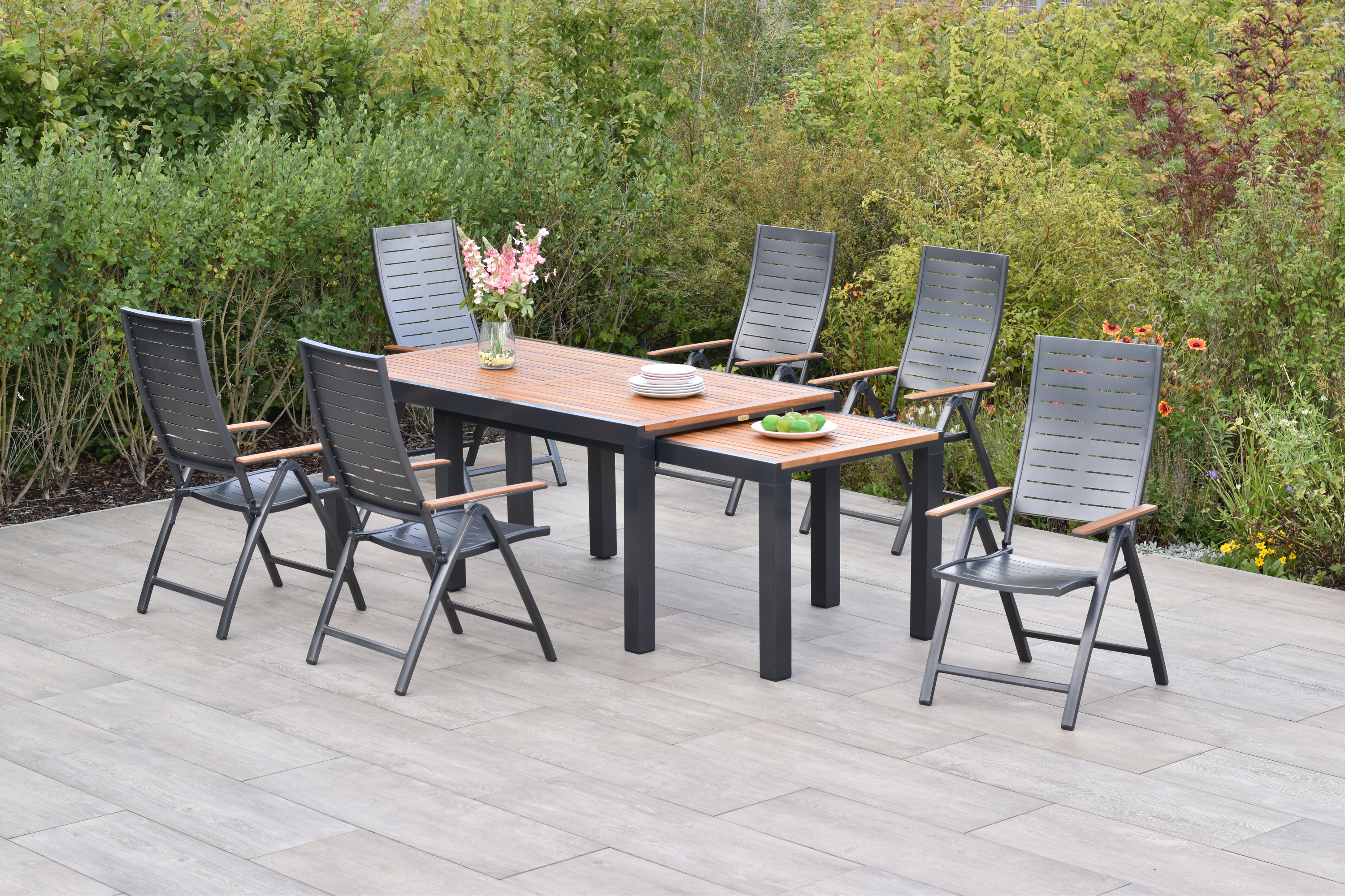 Tinos Gartenmöbel Set 13tlg., Klappsessel & Flex Ausziehtisch
