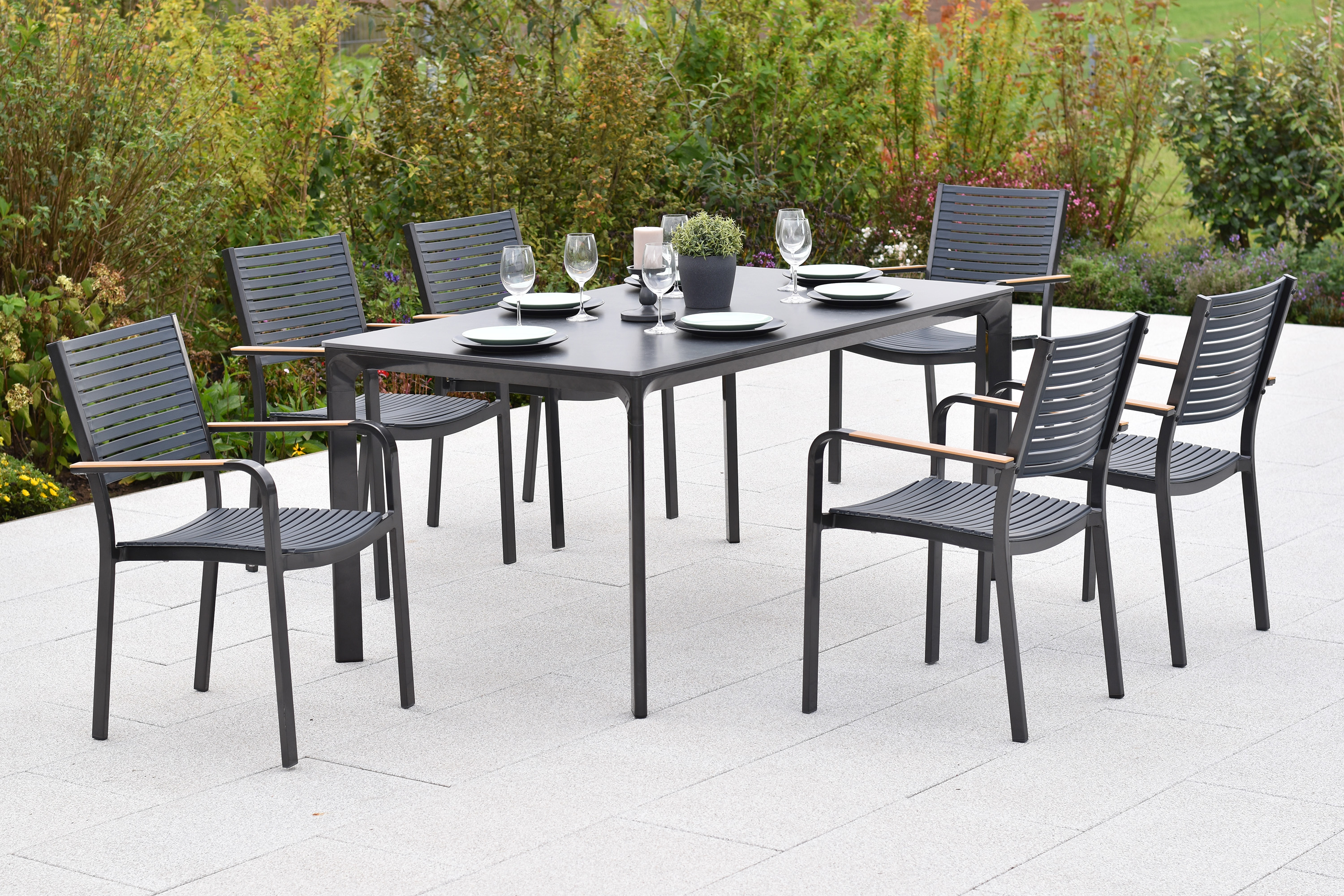 Paliano Gartenmöbel Set 7tlg., 6 Stapelsessel, Tisch 160 x 90 cm