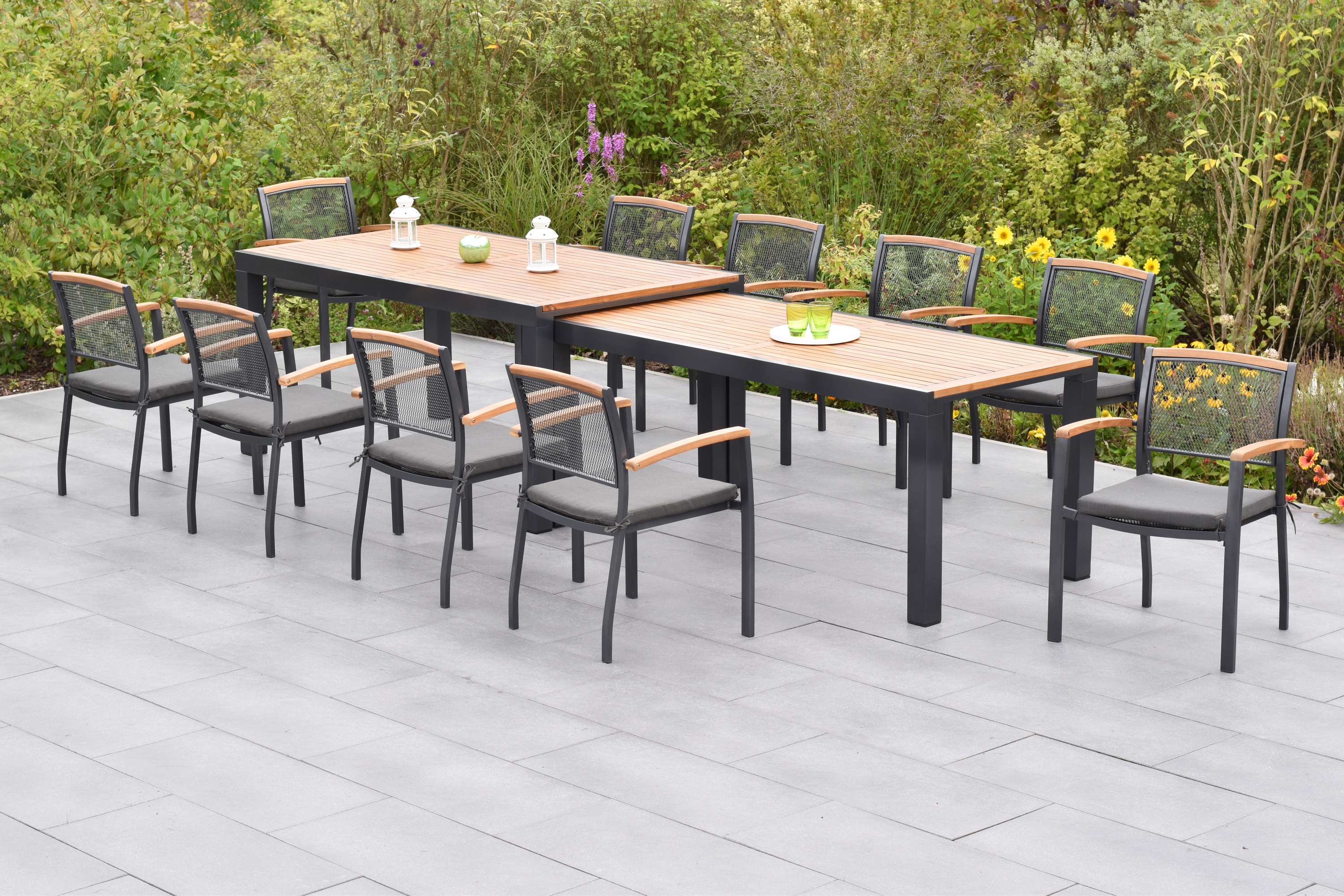 50796-800-1 Tilos Gartenmöbel Set 21tlg., 10 Stapelsessel, 10 Auflagen, Flex Ausziehtisch