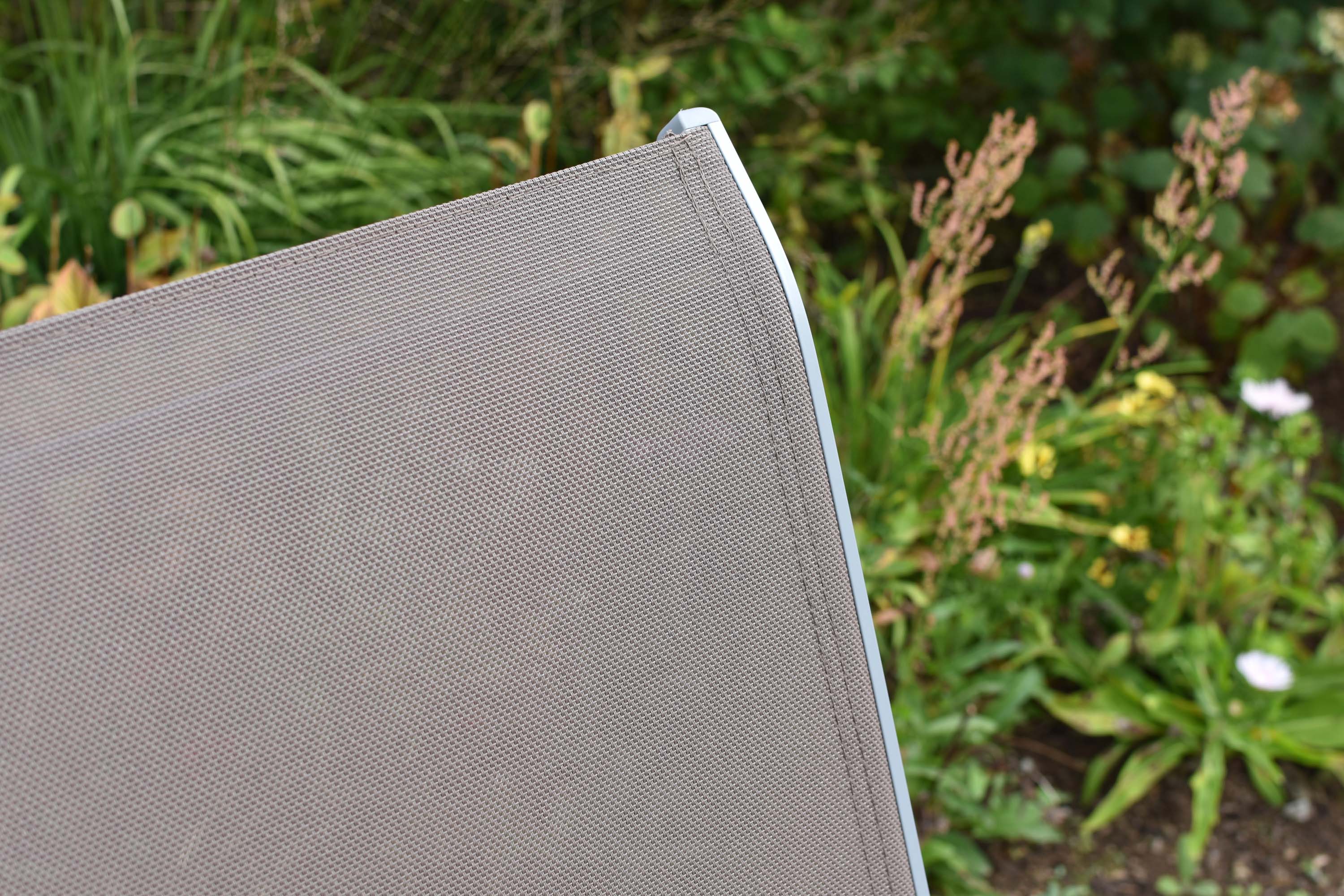 Amalfi Gartenmöbel Set 5tlg., 4 Stapelsessel, Tisch 150 x 90 cm, taupe, Aluminium/Textil