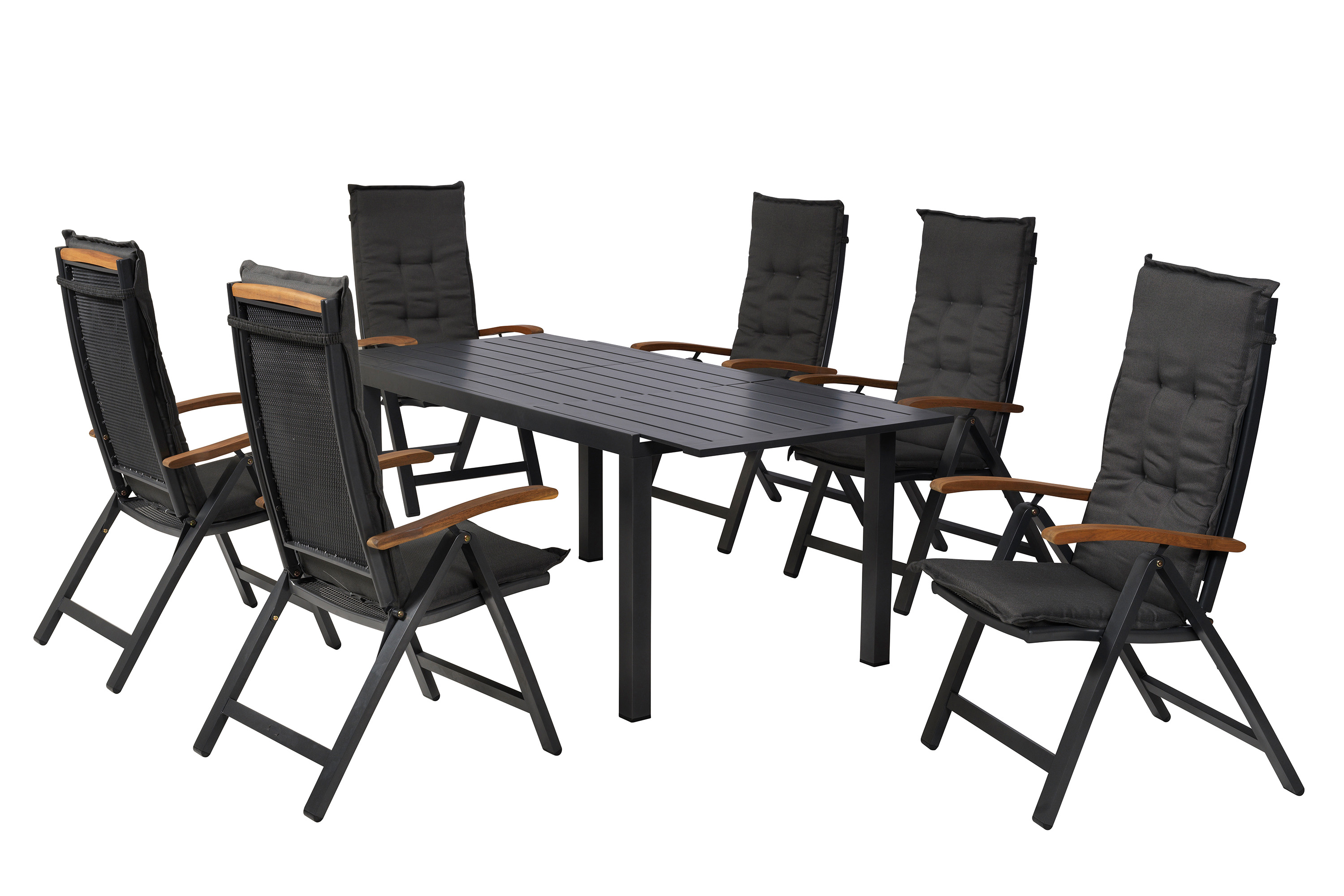 Tilos Gartenmöbel Set 13tlg., 6 Klappsessel, 6 Auflagen, Ausziehtisch 150 (200) x 90 cm, Aluminium/Akazie