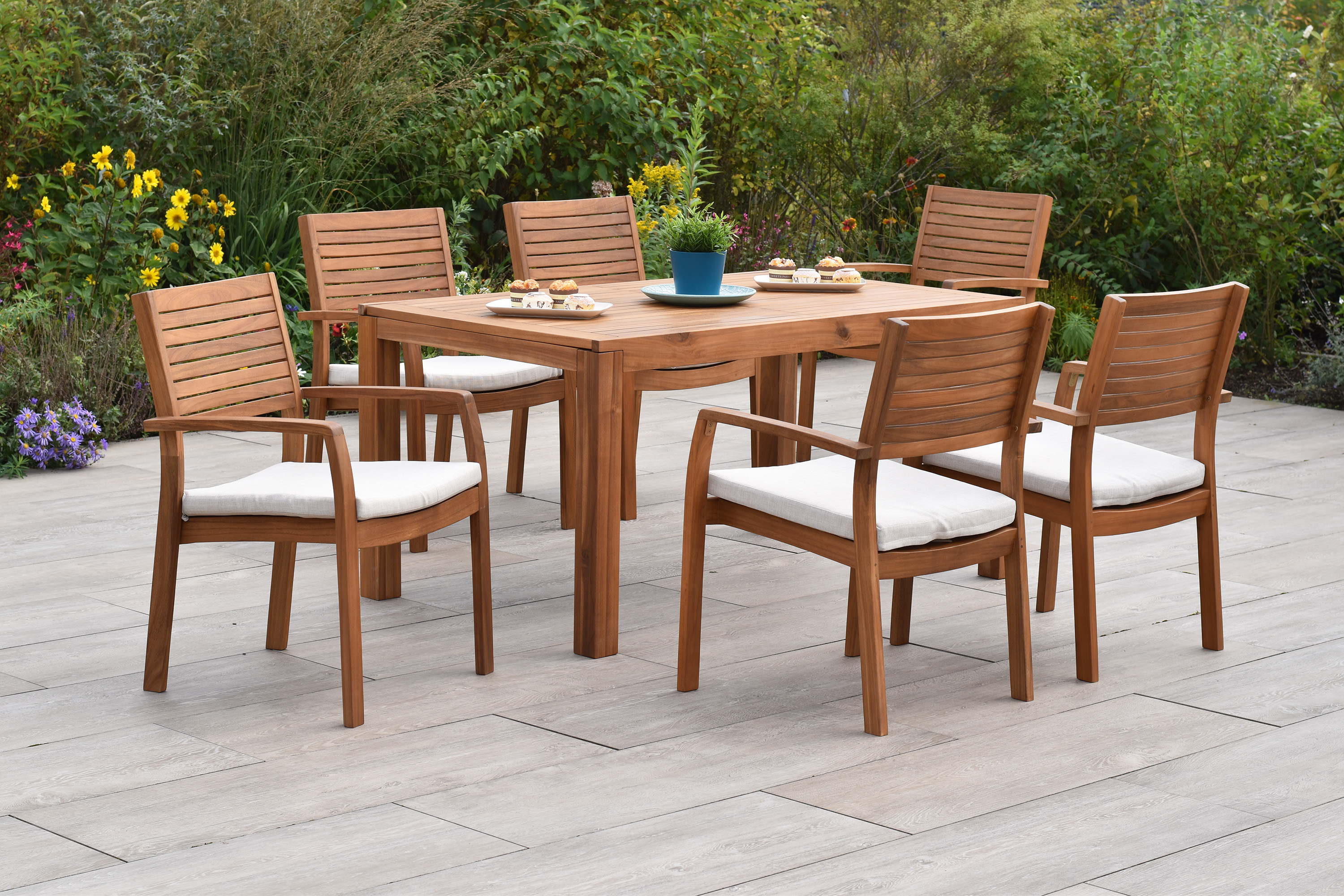 Batavia Gartenmöbel Set 13tlg., 6 Stapelsessel, 6 Auflagen, Tisch 185 x 90 cm 