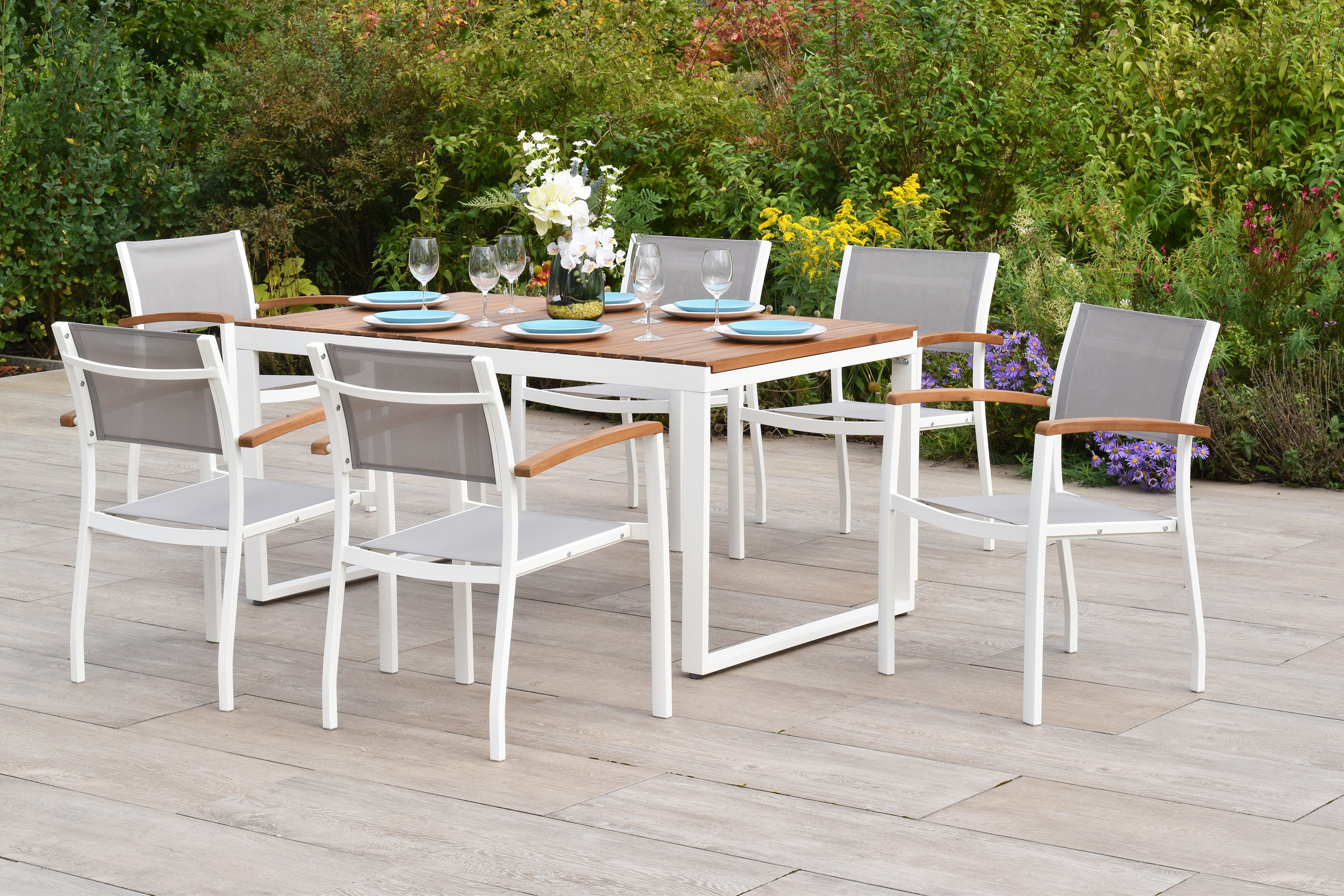 Naxos Gartenmöbel Set 7tlg., 6 Stapelsessel, Ausziehtisch 150 (200) x 90 cm, weiß