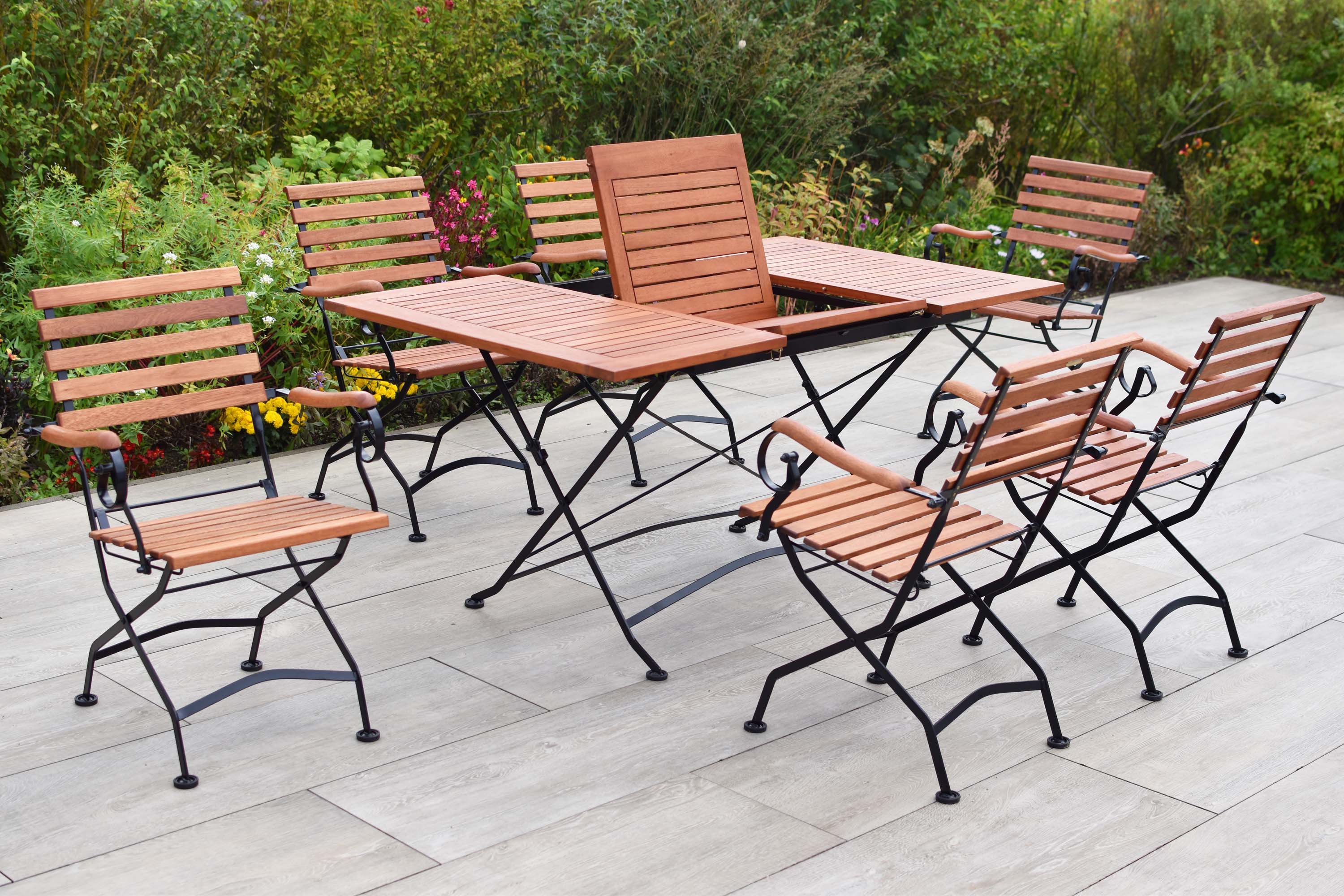 Schlossgarten Gartenmöbel Set 7tlg., 6 Klappsessel, Klappausziehtisch, Flachstahl/Eukalyptus
