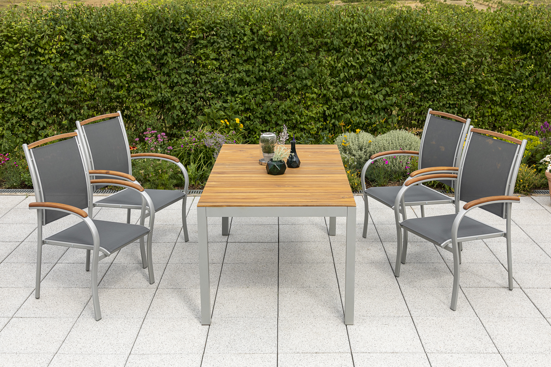 Siena Gartenmöbel Set 5tlg., Stapelsessel & 150 x 90 cm, silber/schwarz