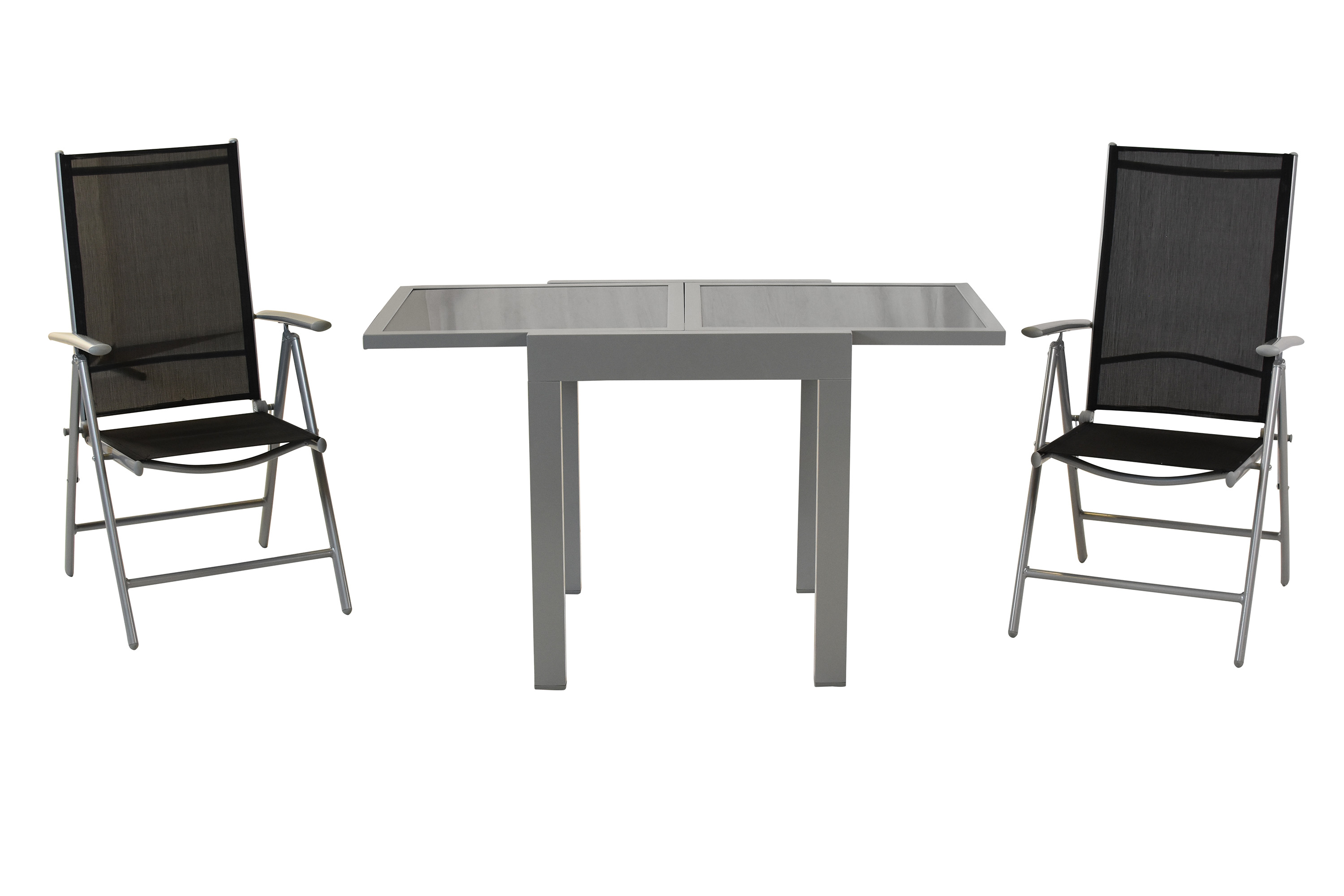 Amalfi Set 3tlg., 2 Klappsessel, Balkonausziehtisch 65 (130) x 65 cm, schwarz