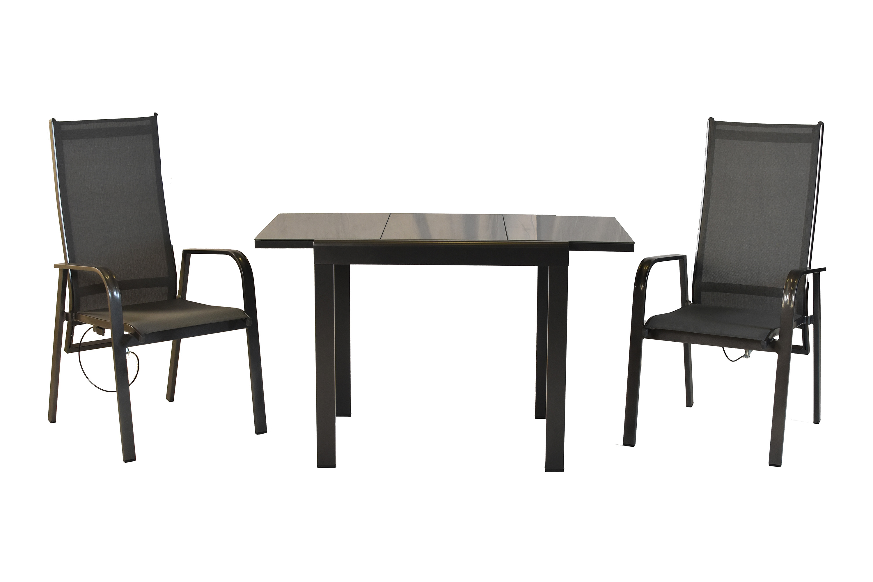 Alassio Gartenmöbel Set 3tlg., 2 Sessel verstellbar durch Gasdruck, Balkonausziehtisch 80 (120) x 70 cm, Aluminium/Textil