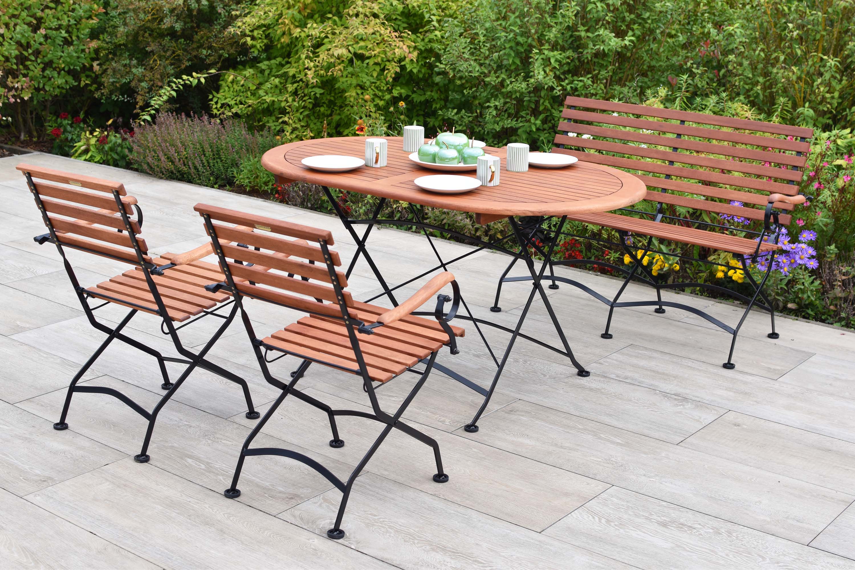 Schlossgarten Set 4tlg., 2 Klappsessel, Klappbank, Klapptisch 140 x 90cm, Flachstahl/Eukalyptus