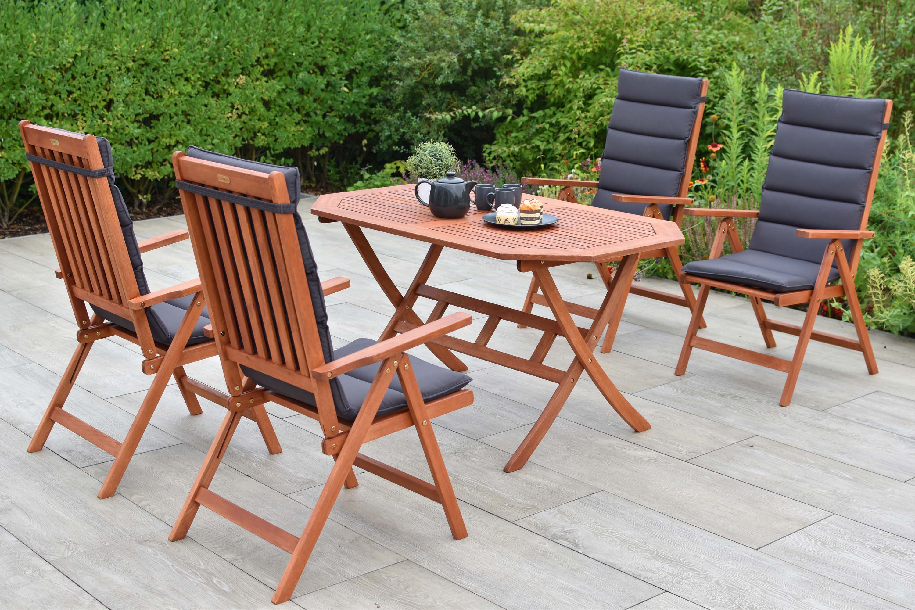 Vitoria Gartenmöbel Set 9tlg., 4 Klappsessel, 4 graue Auflagen, Klapptisch 135 x 85 cm Kopie