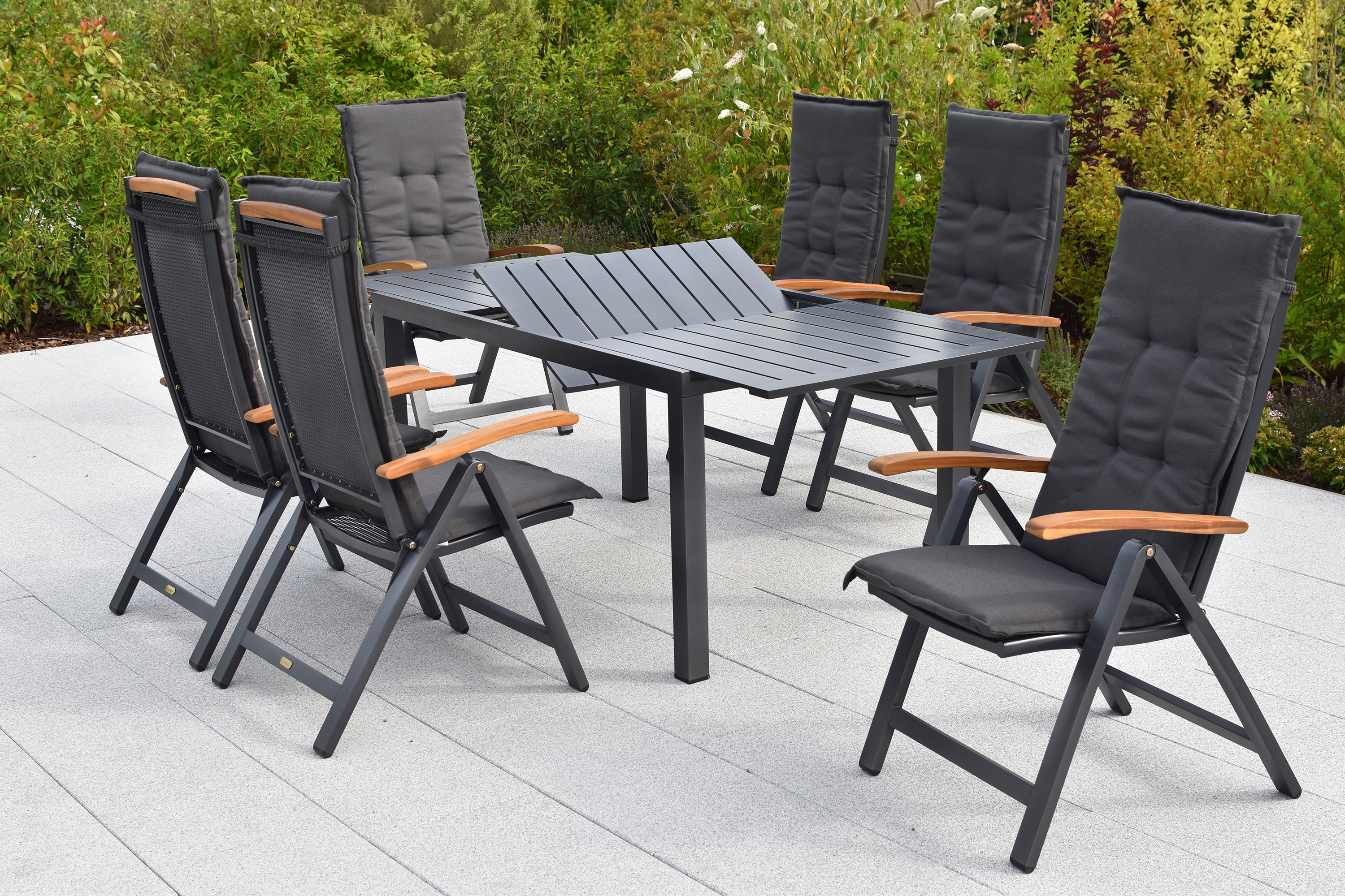 Tilos Gartenmöbel Set 13tlg., 6 Klappsessel, 6 Auflagen, Ausziehtisch 150 (200) x 90 cm, Aluminium/Akazie