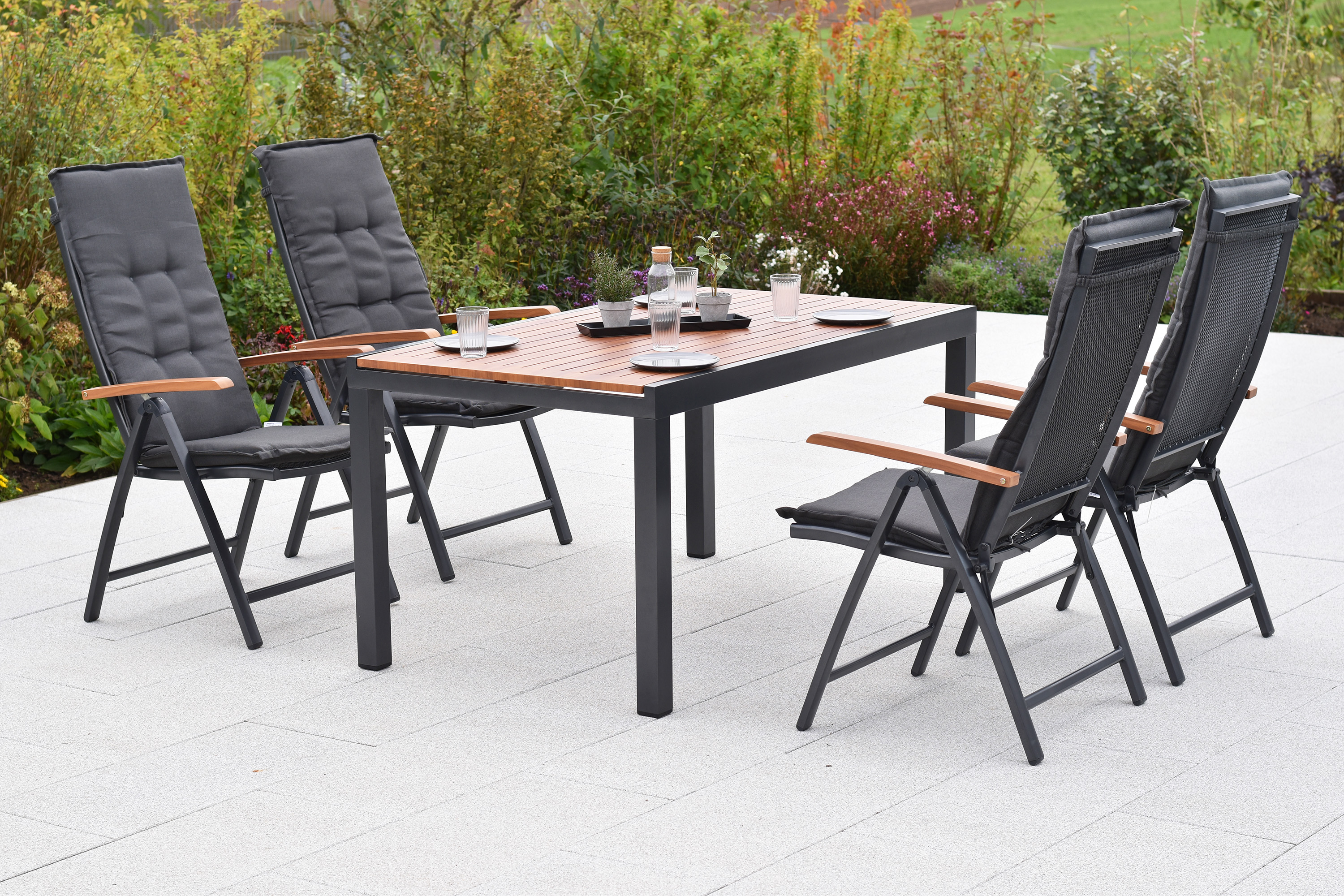 Thasos Gartenmöbel Set 9tlg., 4 Klappsessel, 4 Auflagen, Ausziehtisch 150 (200 ) x 90 cm, Aluminium