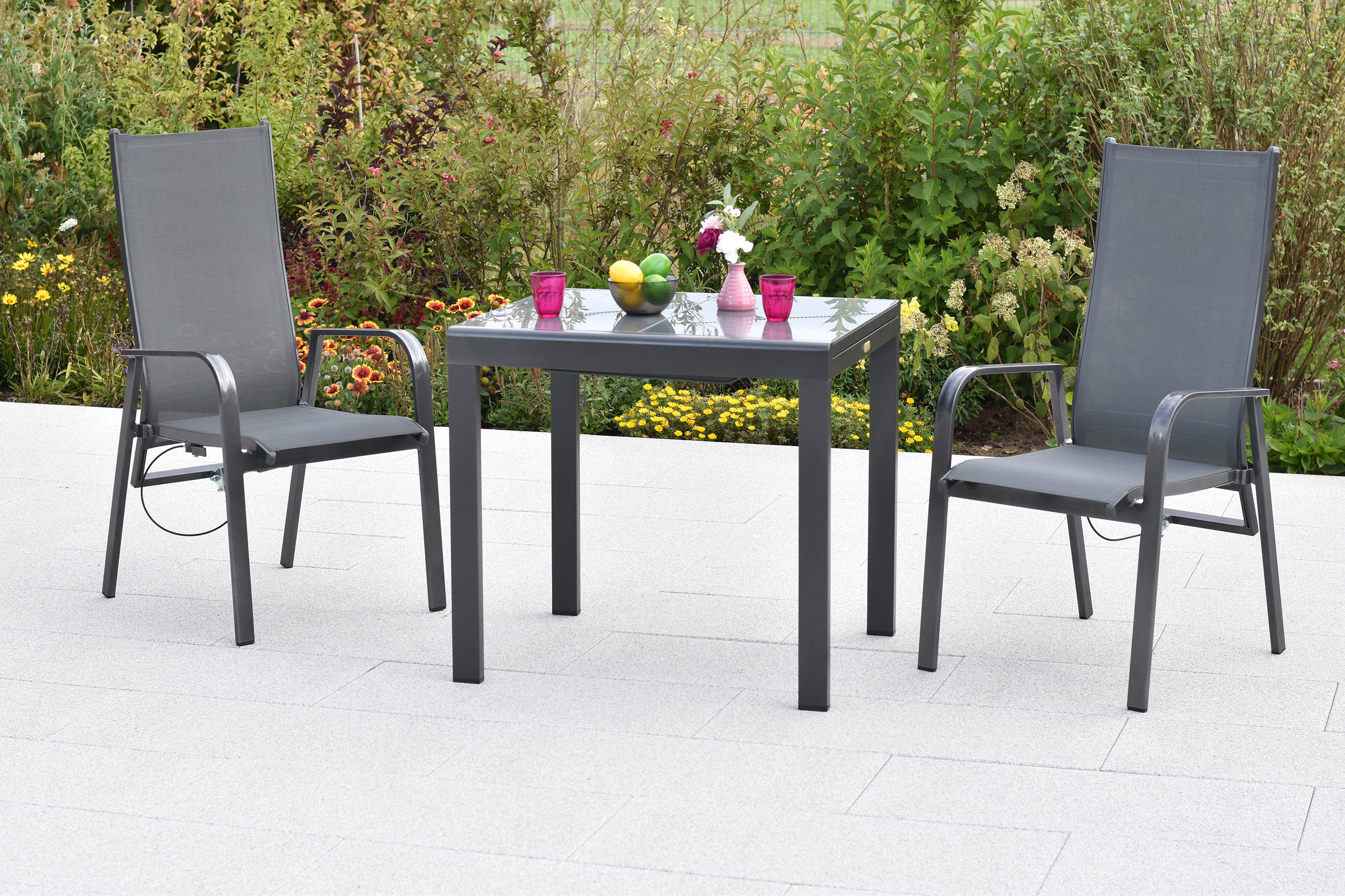 Alassio Gartenmöbel Set 3tlg., 2 Sessel verstellbar durch Gasdruck, Balkonausziehtisch 80 (120) x 70 cm, Aluminium/Textil