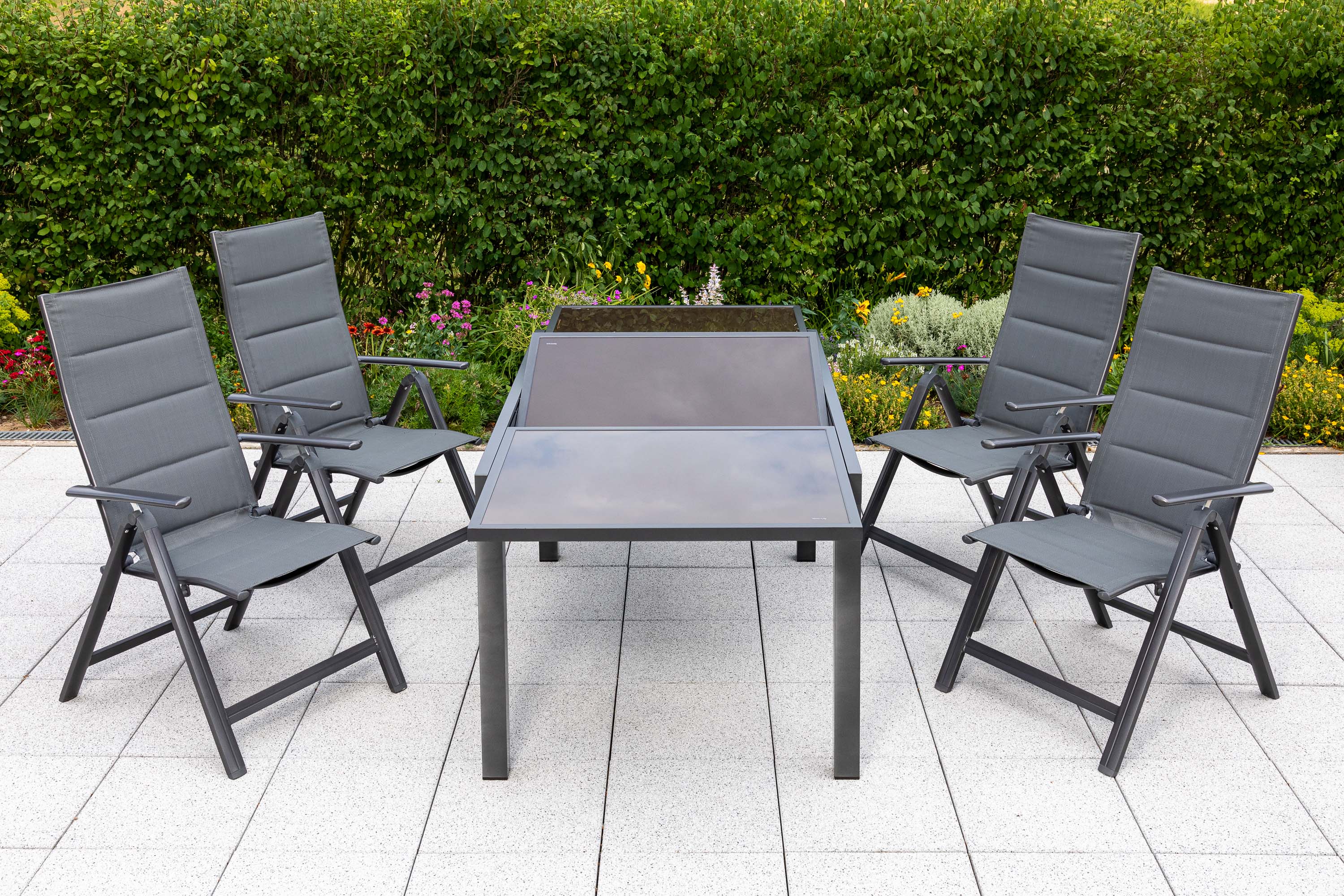 Taviano Gartenmöbel Set 5tlg., 4 Klappsessel, Ausziehtisch 140 (200) x 90 cm