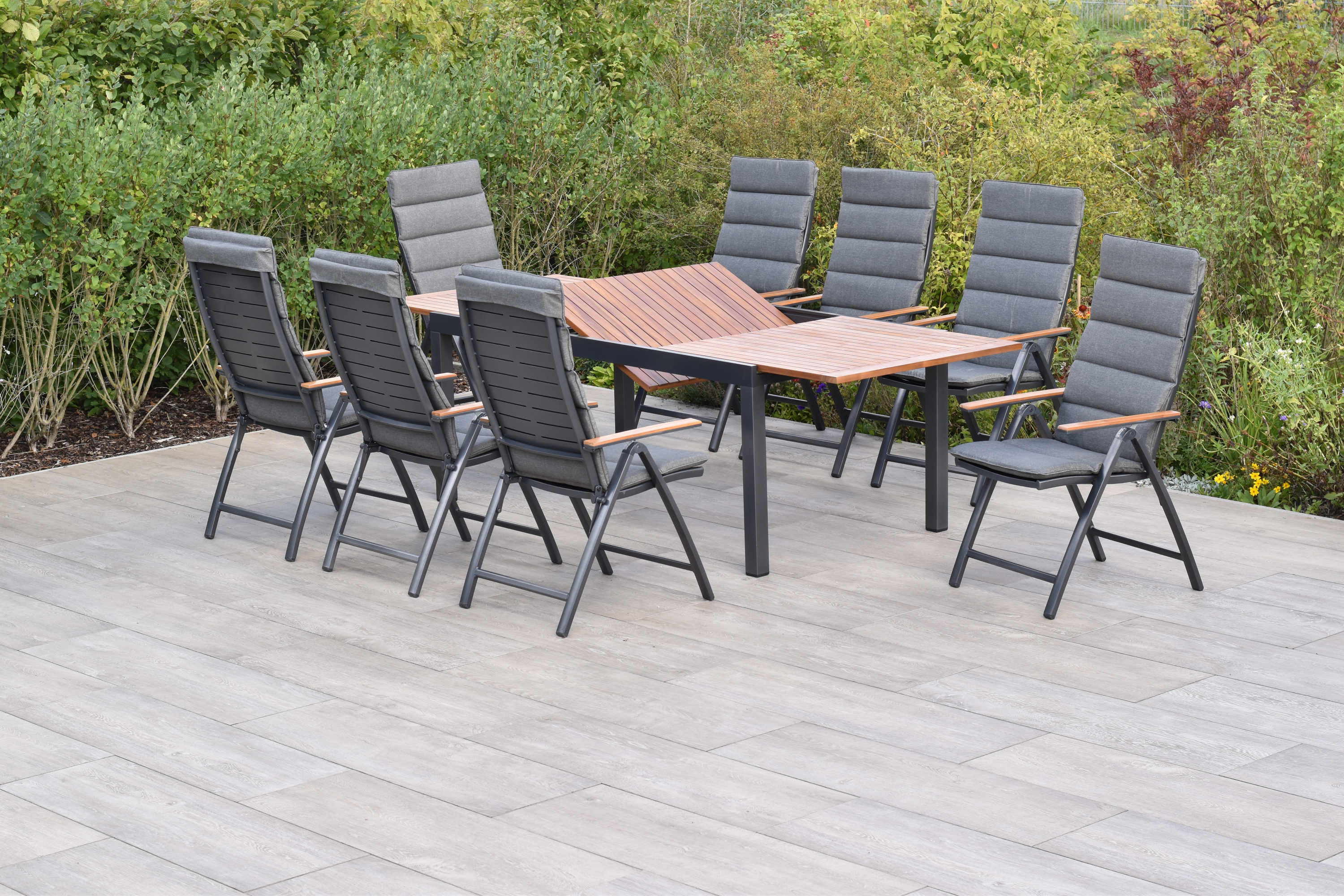 Tinos Gartenmöbel Set 17tlg., Klappsessel & 180 (250) x 100 cm