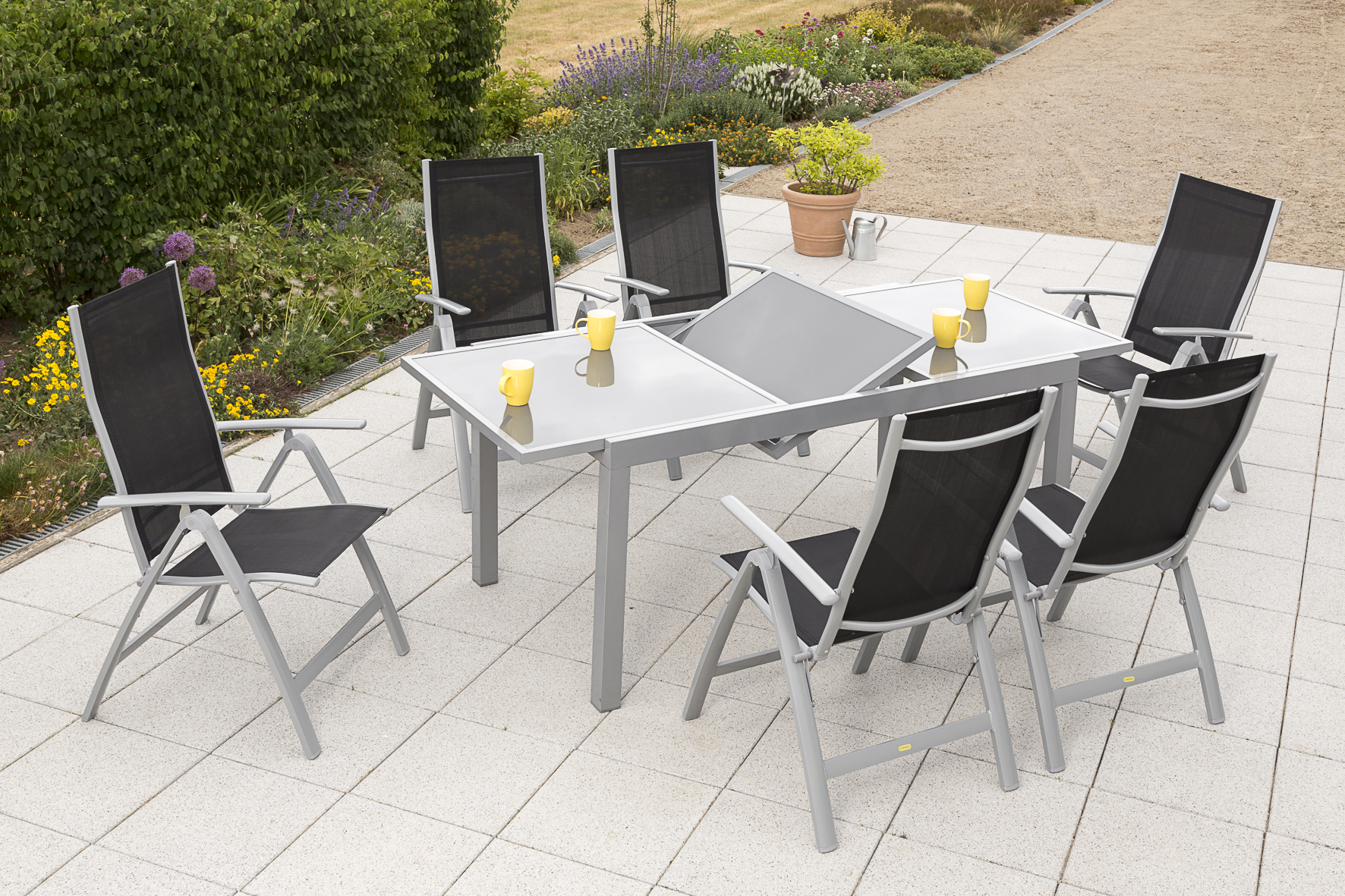 Carrara Gartenmöbel Set 7tlg., Ausziehtisch, schwarz