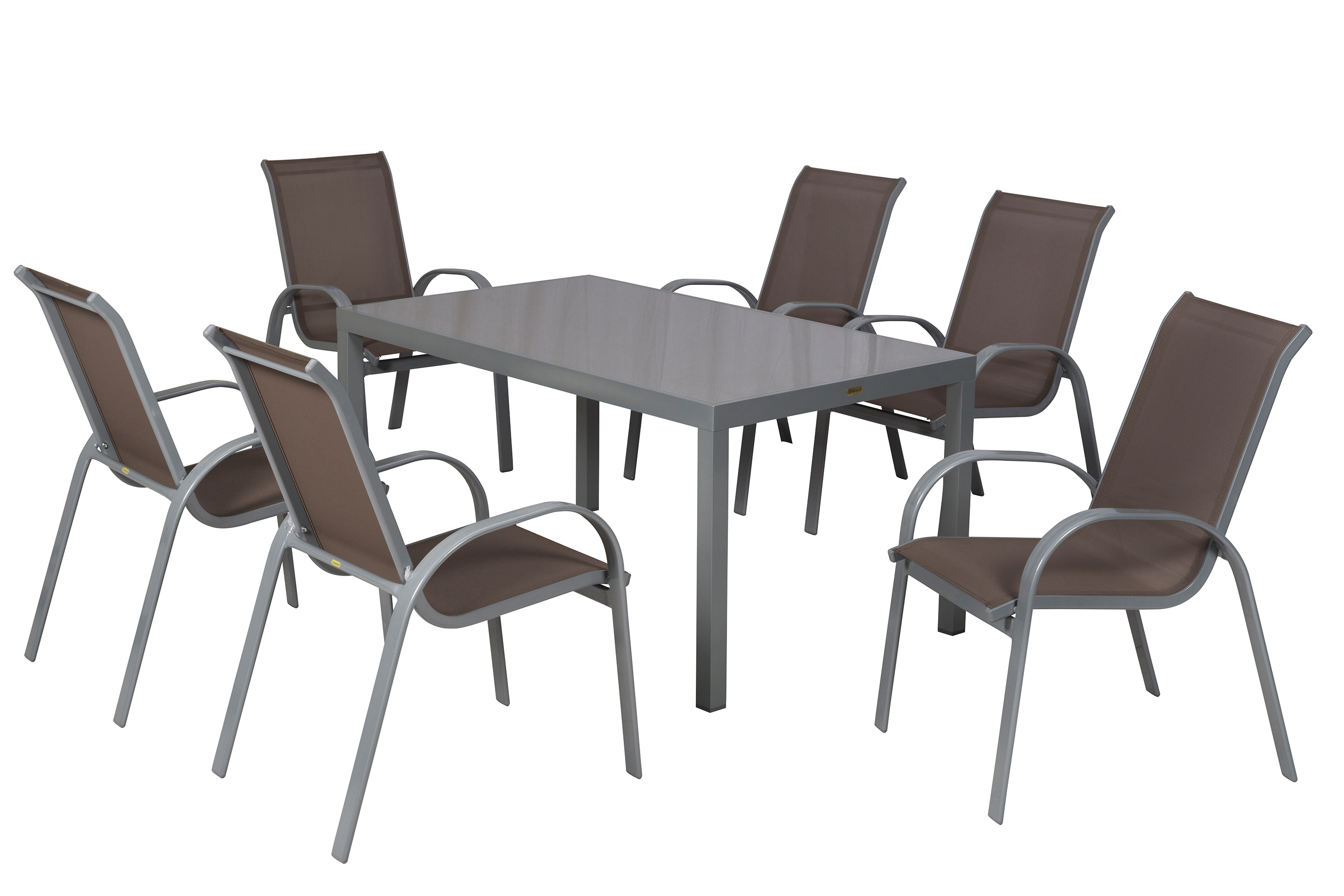 Amalfi Gartenmöbel Set 7tlg., 6 Stapelsessel, Tisch 150 x 90 cm, taupe, Aluminium/Textil