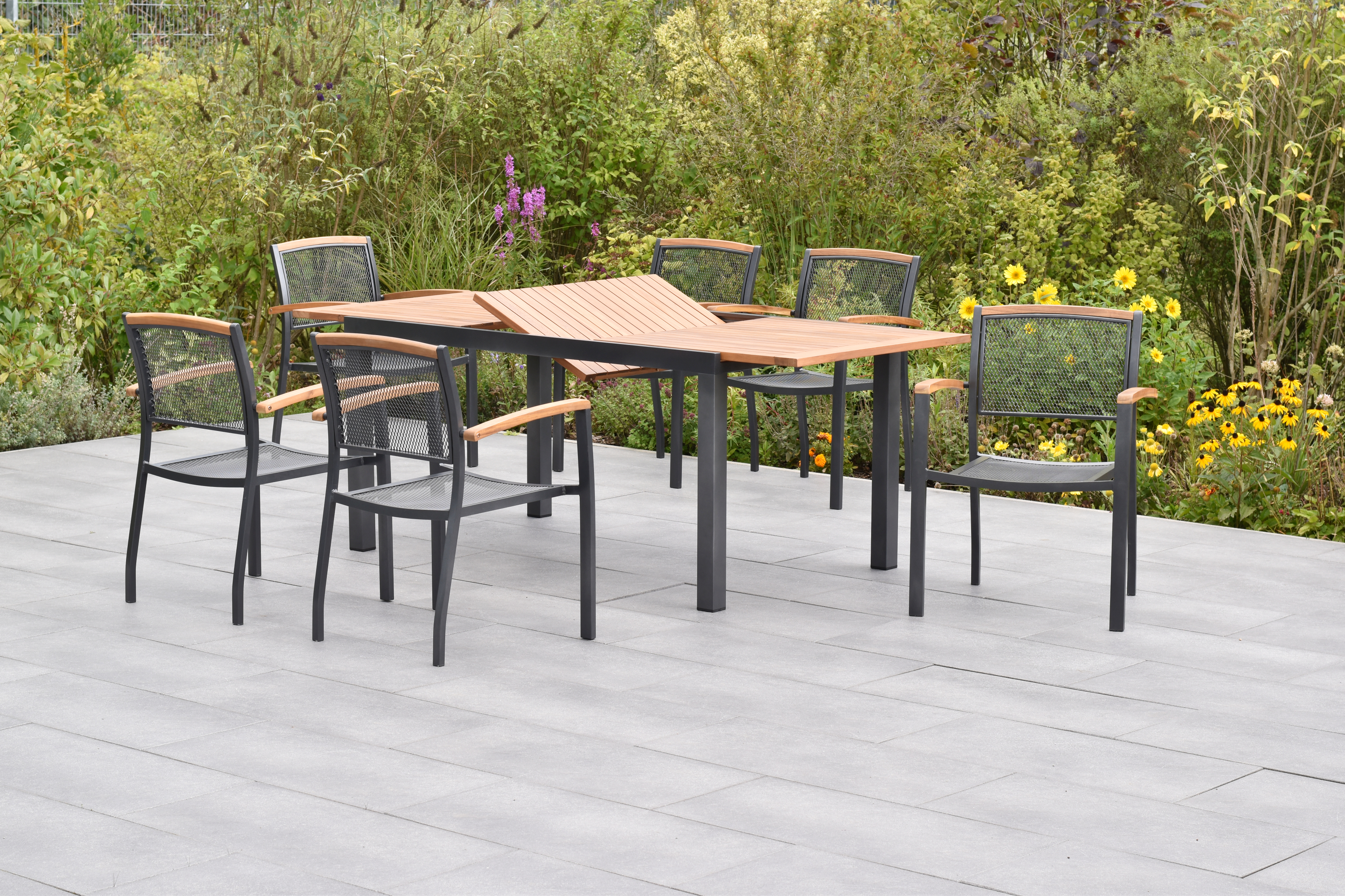 Tilos Set 13tlg., 6 Stapelsessel, 6 Auflagen, Ausziehtisch Tilos Set 13tlg., 6 Stapelsessel, 6 Auflagen, Ausziehtisch