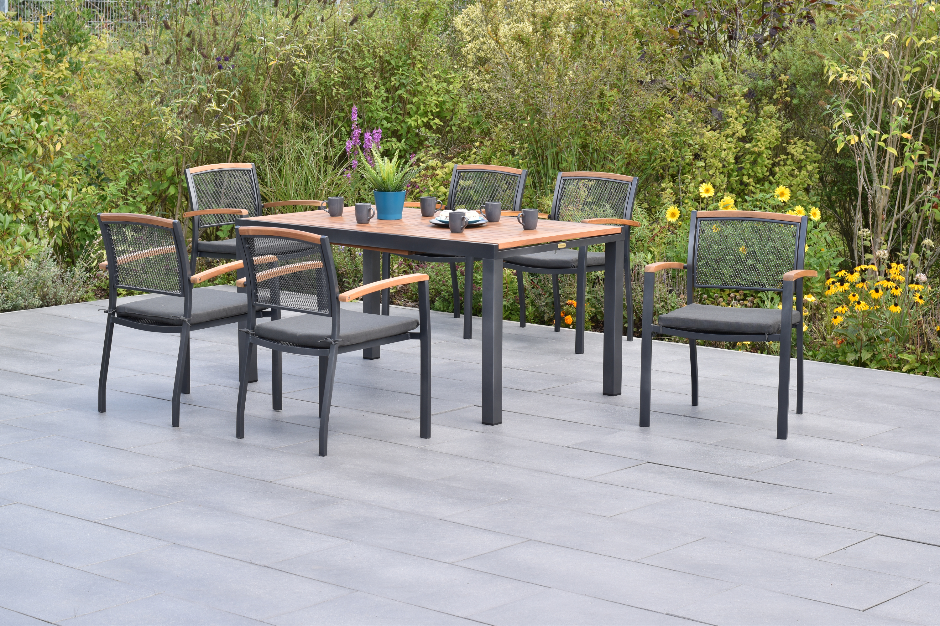 Tilos Set 13tlg., 6 Stapelsessel, 6 Auflagen, Ausziehtisch Tilos Set 13tlg., 6 Stapelsessel, 6 Auflagen, Ausziehtisch