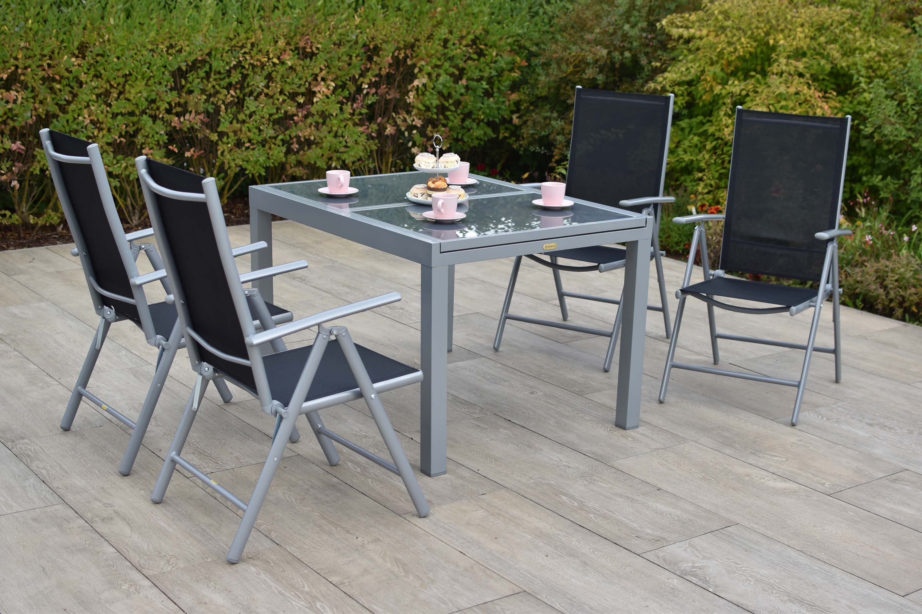 Amalfi Gartenmöbel Set 5tlg., 4 Klappsessel, Ausziehtisch 140 (200) x 90 cm, schwarz
