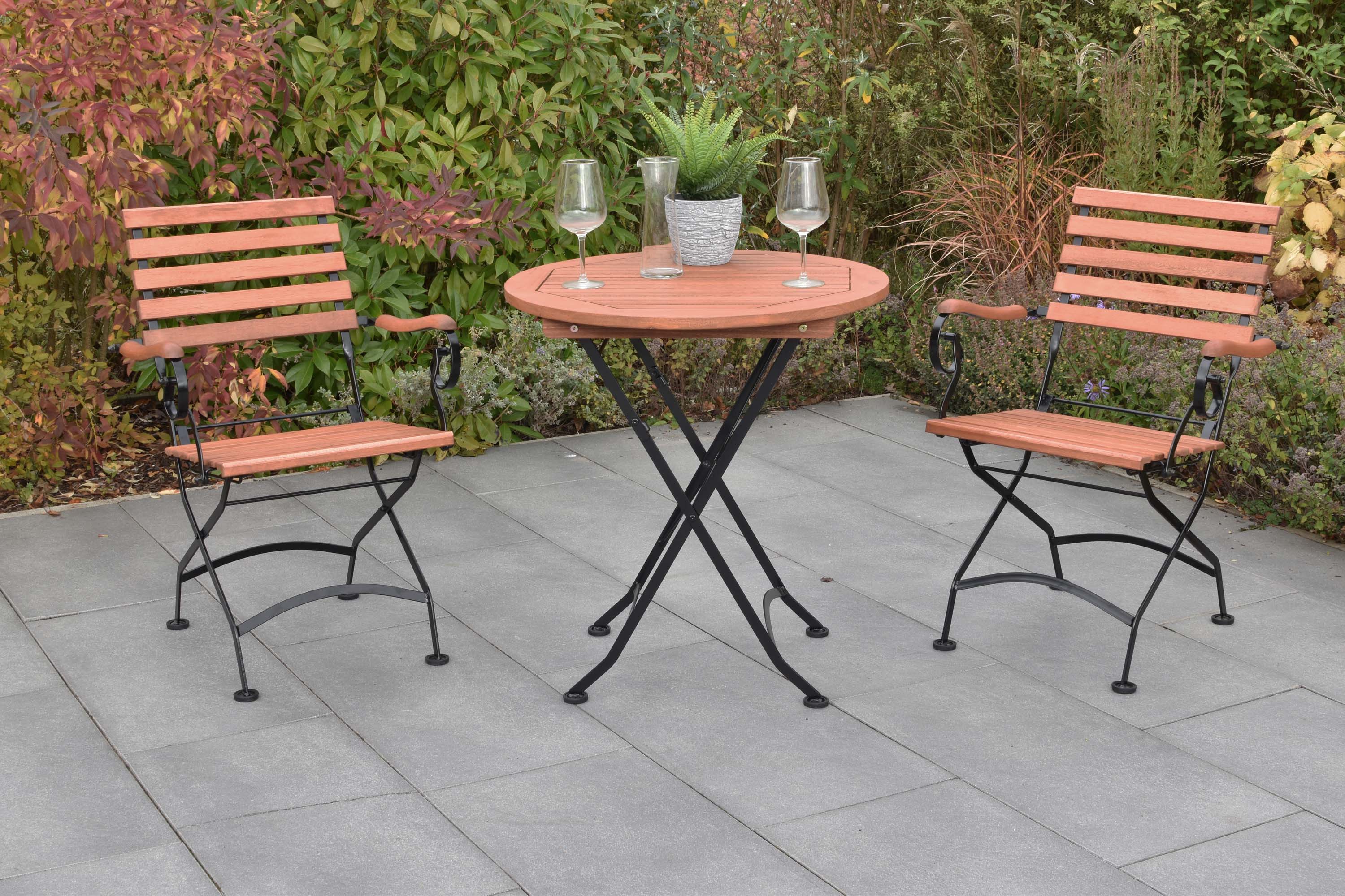 Schlossgarten Set 3tlg., 2 Klappsessel, Klapptisch Ã˜ 70 cm, Flachstahl/Eukalyptus
