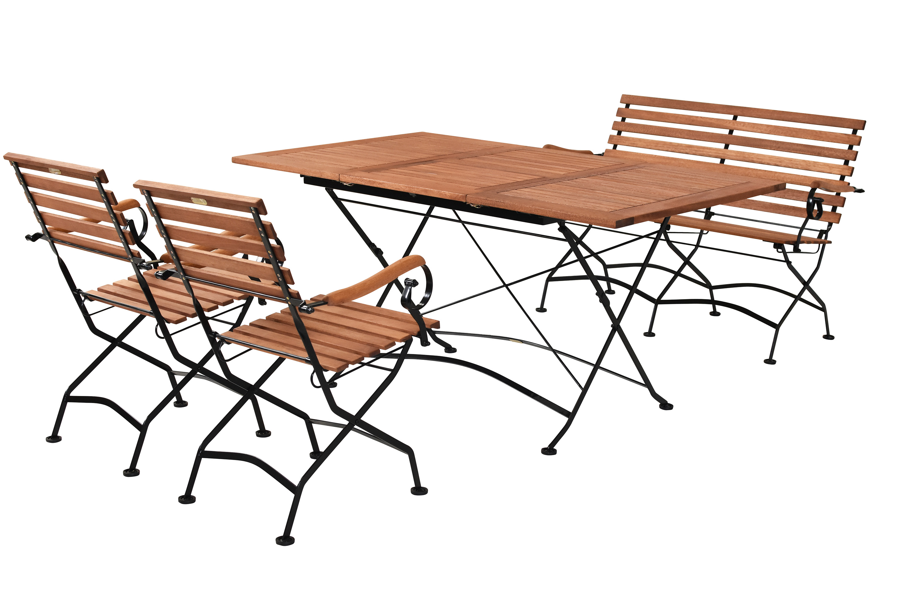 Schlossgarten Gartenmöbel Set 4tlg., 2 Sessel, zweisitzige Bank, Klappausziehtisch, Flachstahl/Eukalyptus