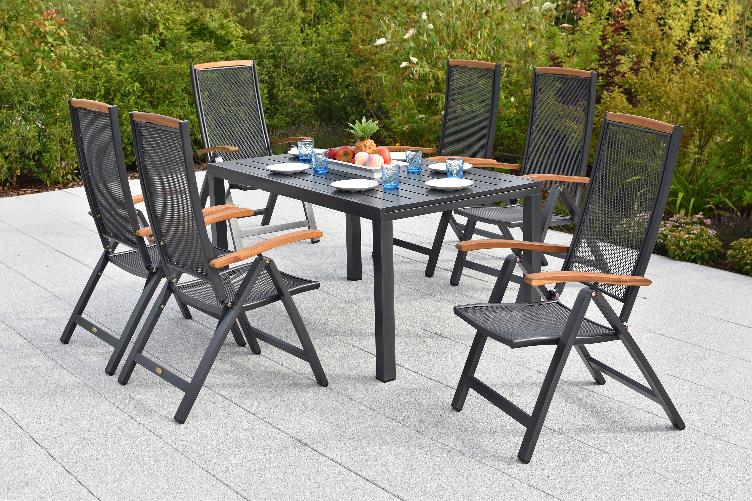 Tilos Gartenmöbel Set 7tlg., 6 Klappsessel, Ausziehtisch 150 (200) x 90 cm, Aluminium/Akazie