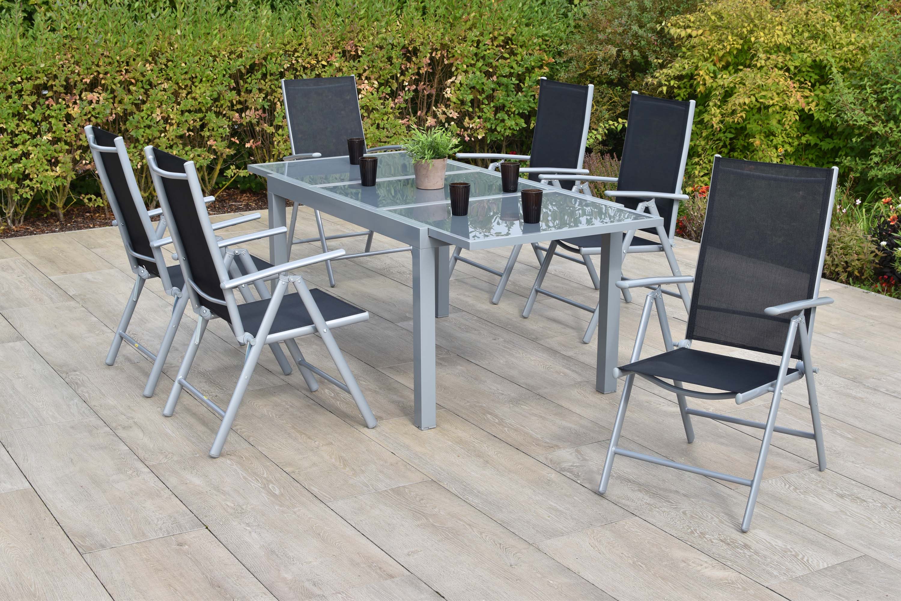 Amalfi Gartenmöbel Set 7tlg., 6 Klappsessel, Ausziehtisch 160 (220) x 90 cm, schwarz