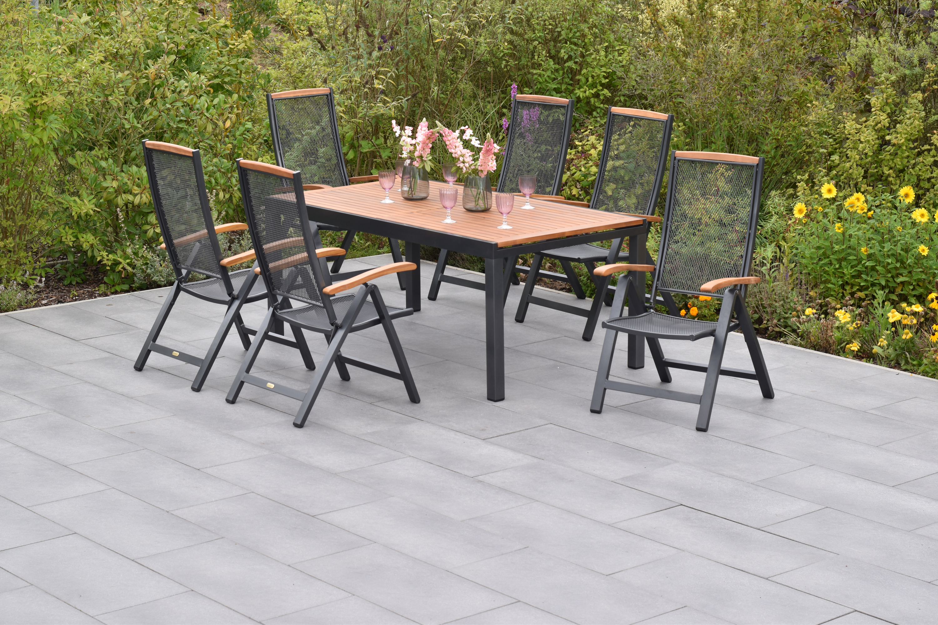 Tilos Gartenmöbel Set 7tlg., Klappsessel & 180 (250) x 100 cm