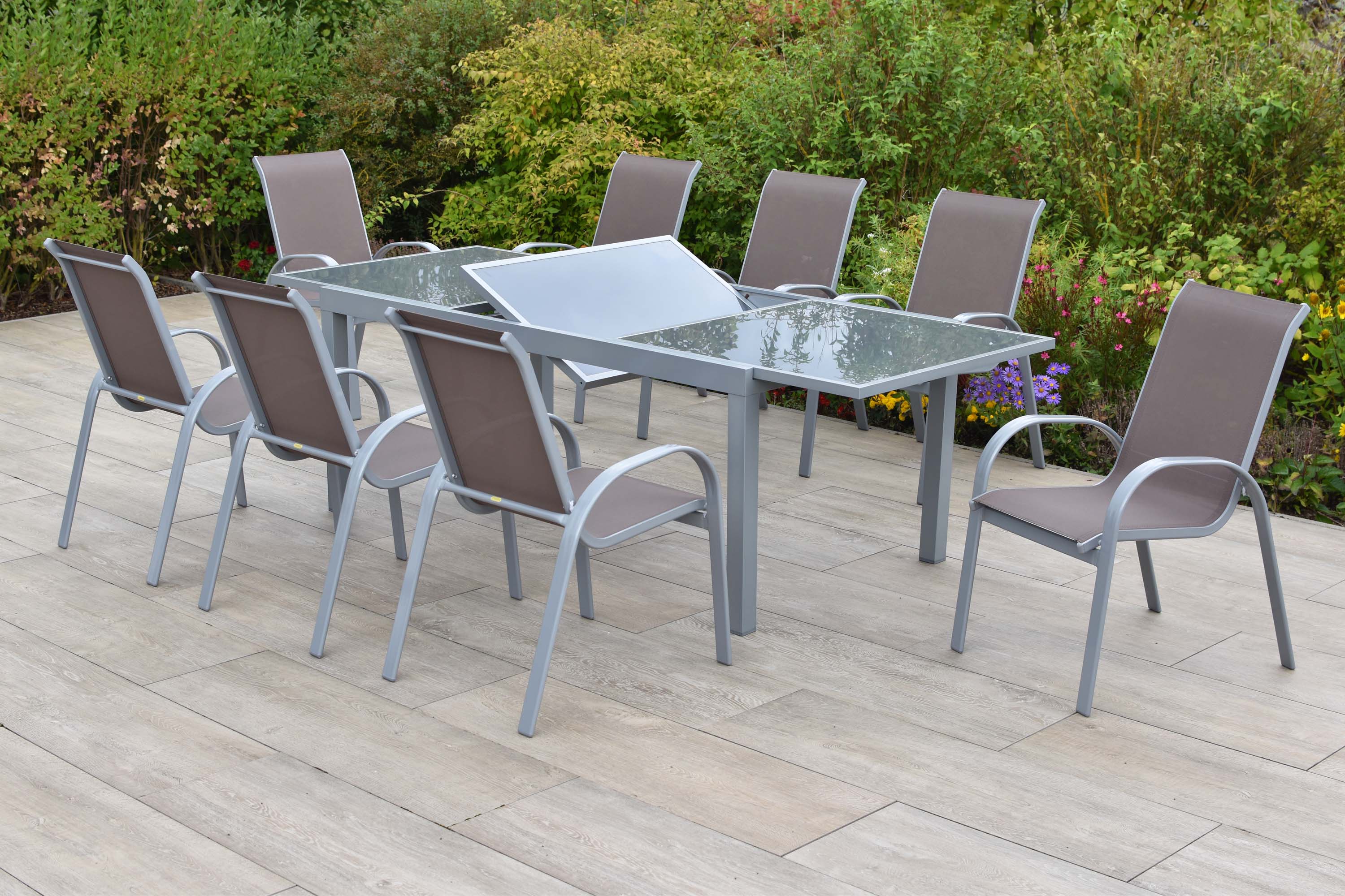 Amalfi Gartenmöbel Set 9tlg., 8 Stapelsessel, Ausziehtisch 180 (240) x 100 cm, taupe, Aluminium/Textil