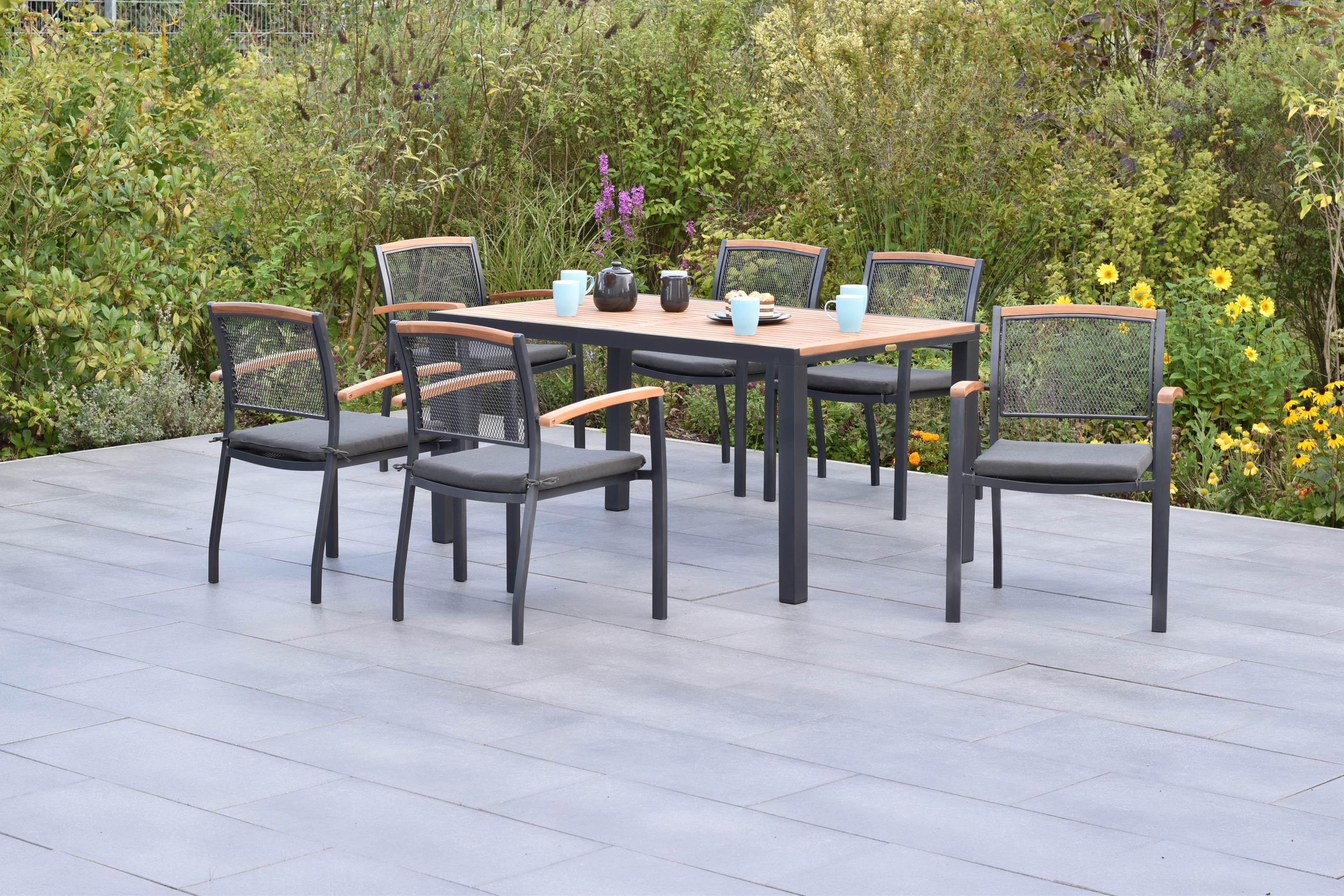 Tilos Gartenmöbel Set 13tlg., 6 Stapelsessel, 6 Auflagen, Tisch 150 x 90 cm