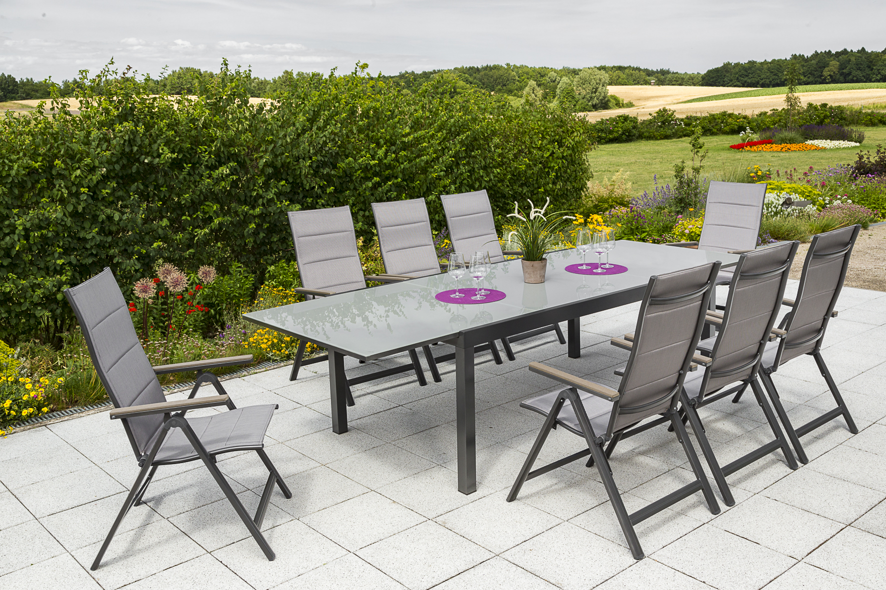 Trivero Gartenmöbel Set 9tlg., Klappsessel & Semi Ausziehtisch