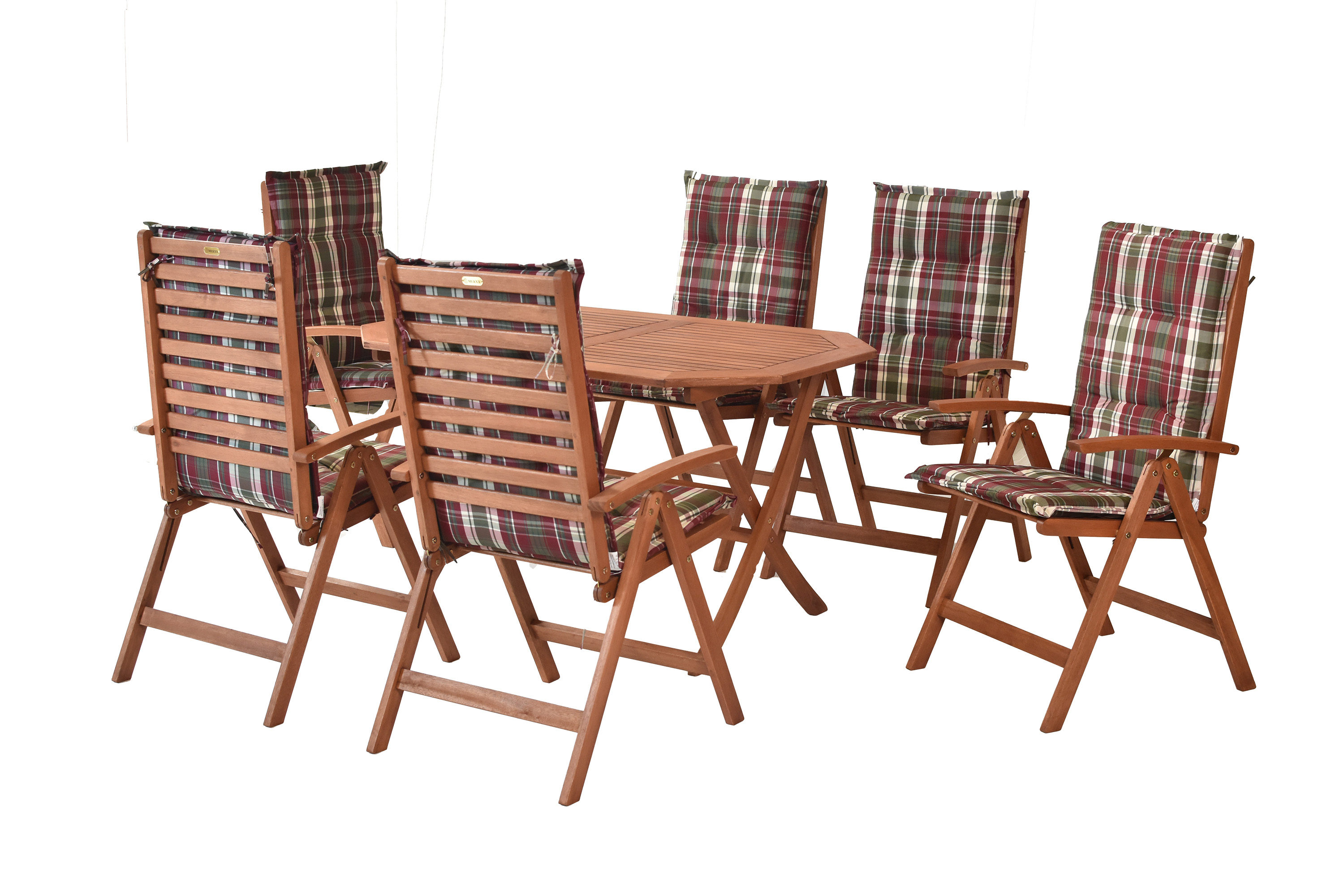 Borkum Gartenmöbel Set 13tlg., 6 Klappsessel, 6 Auflagen, Klapptisch 135 x 85 cm, Eukalyptus