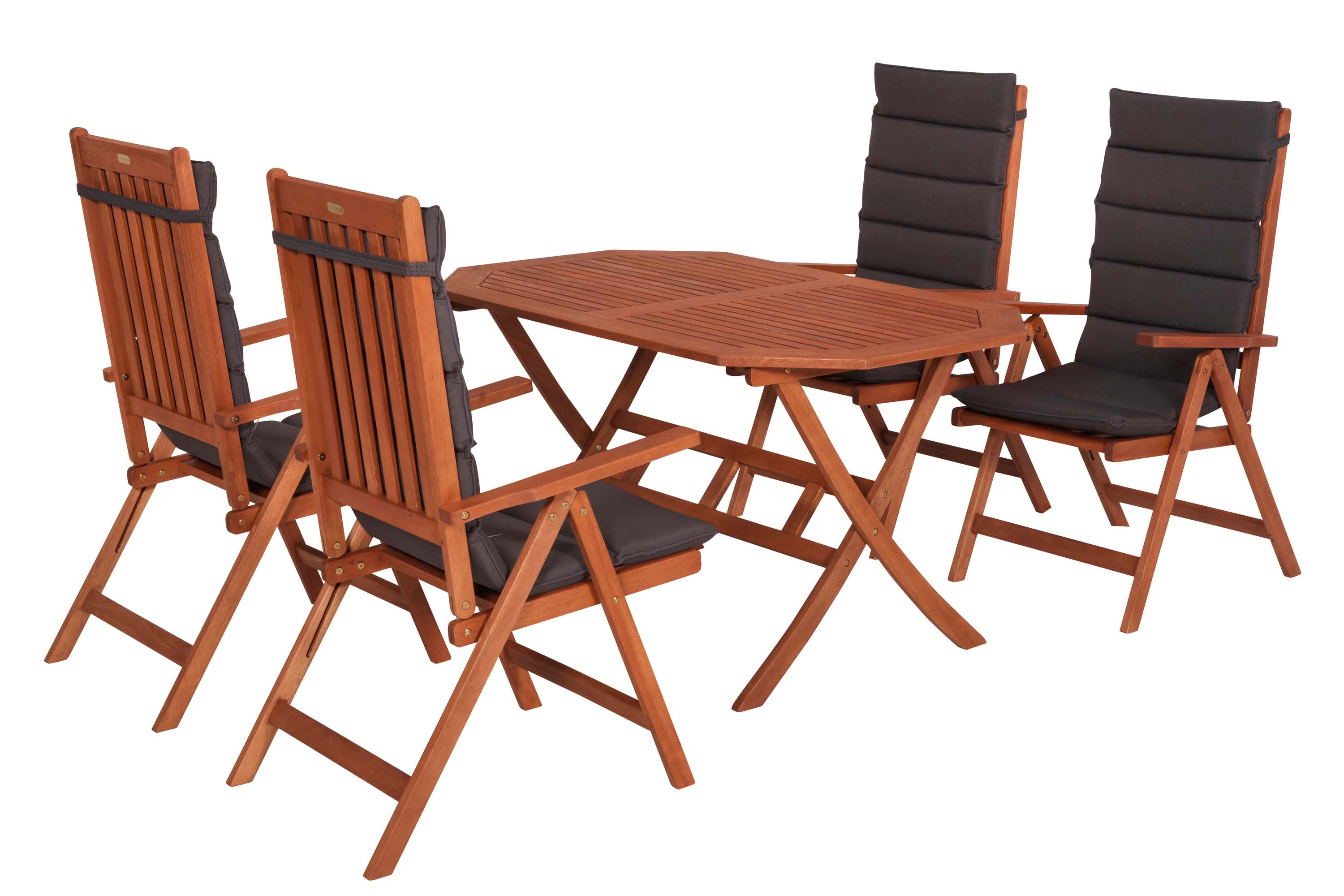 Vitoria Gartenmöbel Set 9tlg., 4 Klappsessel, 4 graue Auflagen, Klapptisch 135 x 85 cm Kopie