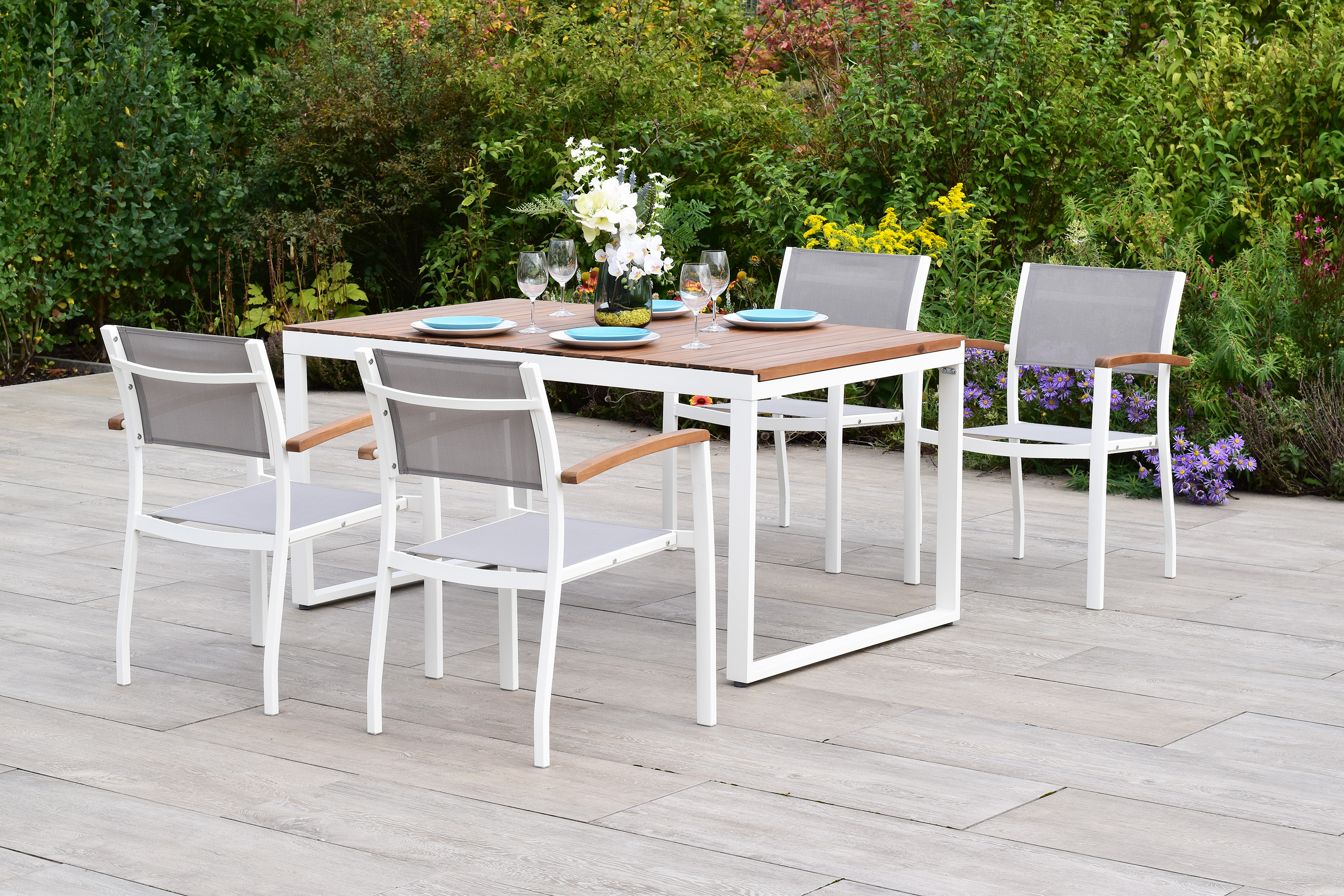 Naxos Gartenmöbel Set 5tlg., 4 Stapelsessel, Ausziehtisch 150 (200) x 90 cm, weiß