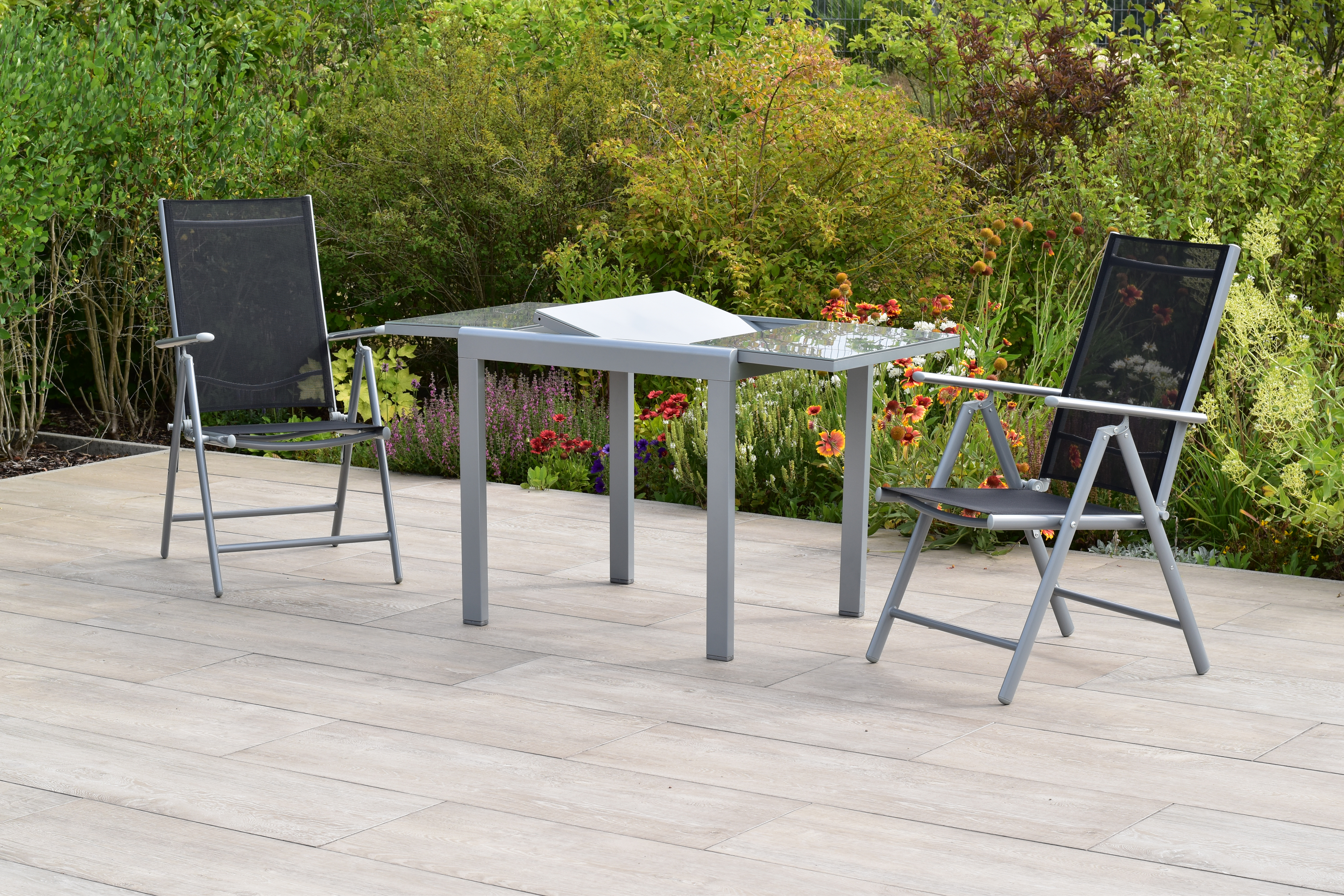 Amalfi Set 3tlg., 2 Klappsessel, Balkonausziehtisch 80 (120) x 70 cm, 