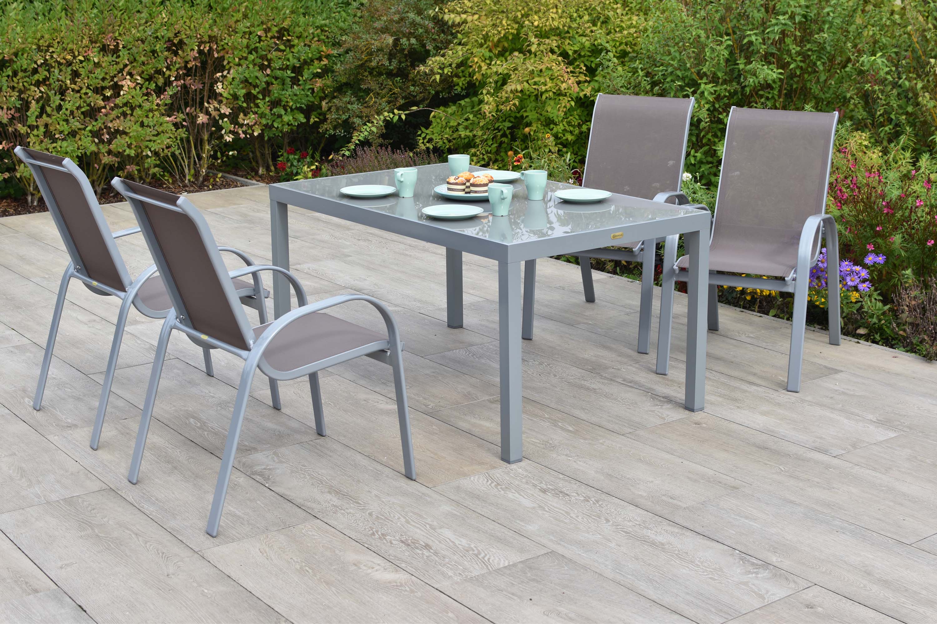 Amalfi Gartenmöbel Set 5tlg., 4 Stapelsessel, Tisch 150 x 90 cm, taupe, Aluminium/Textil