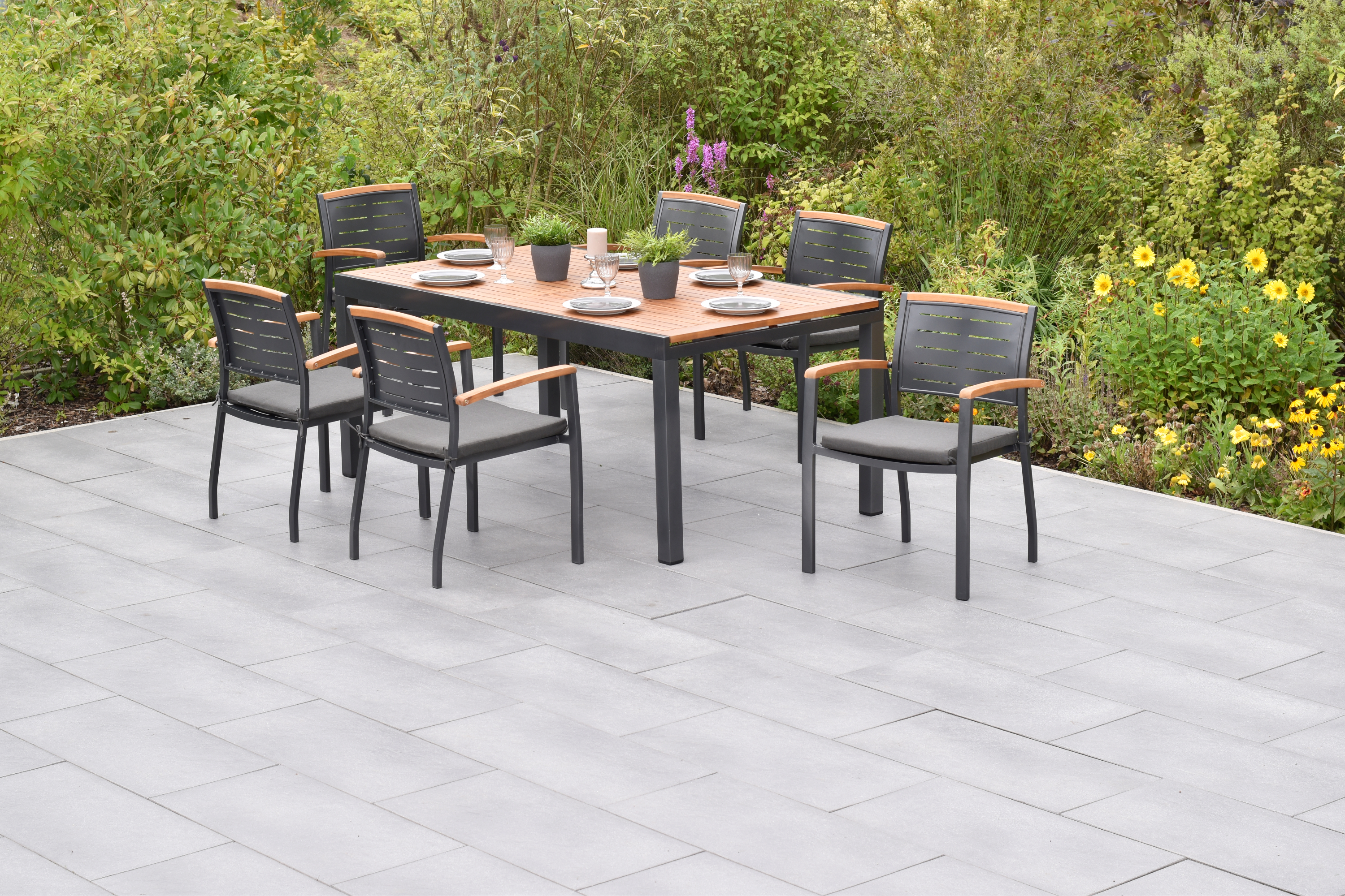 Tinos Set 13tlg., Stapelsessel & 180 (250) x 100 cm