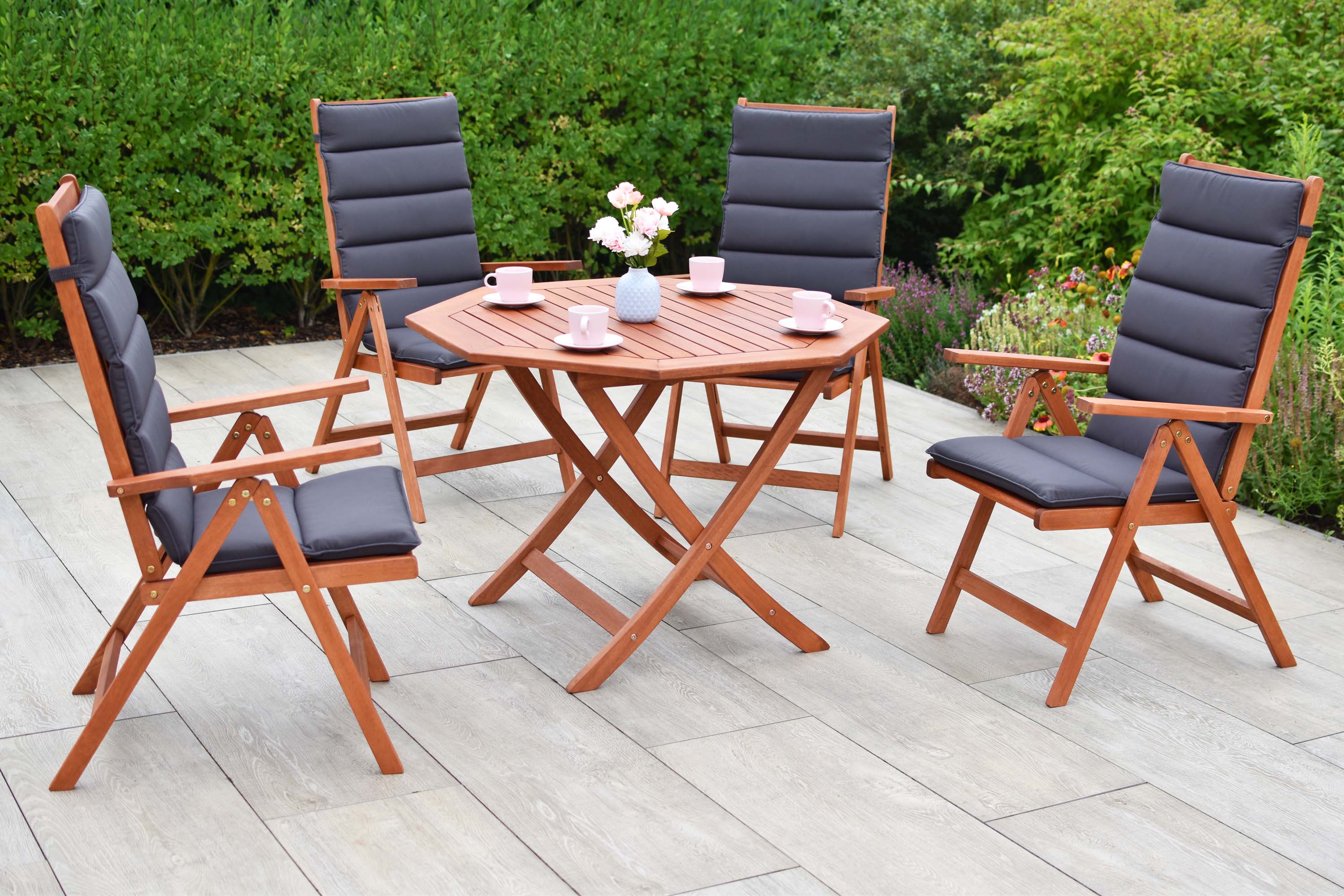 Vitoria Gartenmöbel Set 9tlg., 4 Klappsessel, 4 graue Auflagen, Klapptisch Ø 100 cm