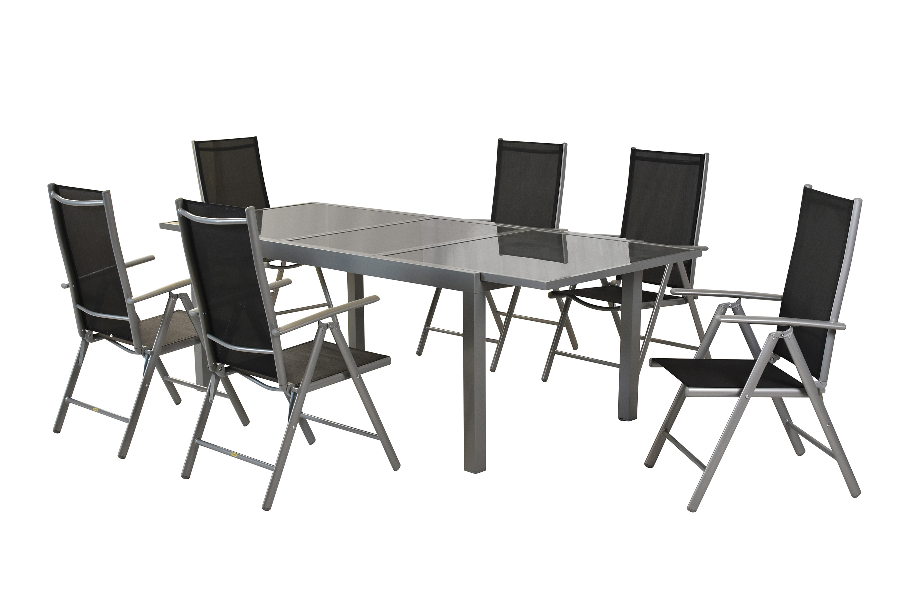 Amalfi Gartenmöbel Set 7tlg., 6 Klappsessel, Ausziehtisch 160 (220) x 90 cm, schwarz