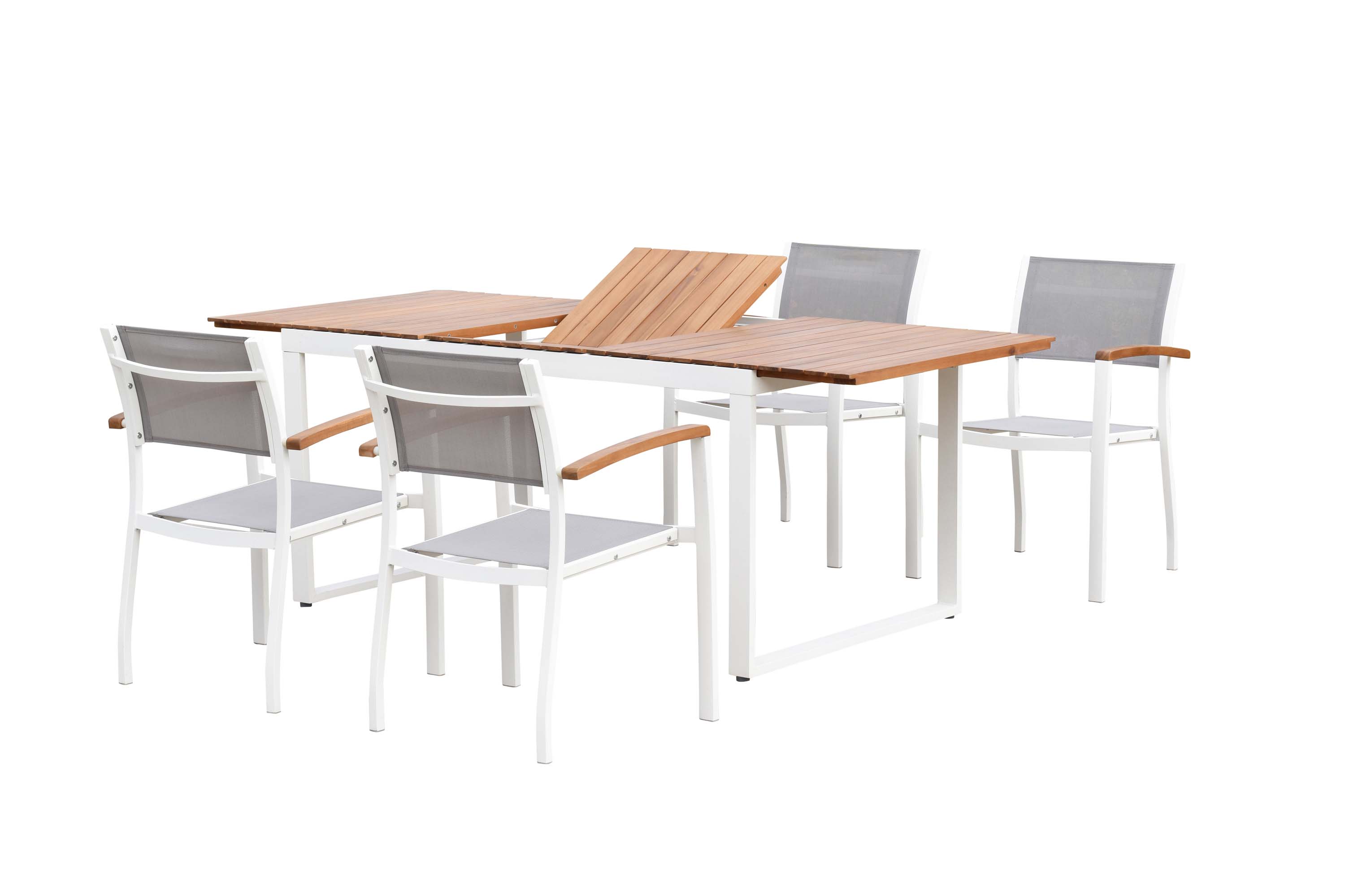 Naxos Gartenmöbel Set 5tlg., 4 Stapelsessel, Ausziehtisch 150 (200) x 90 cm, weiß