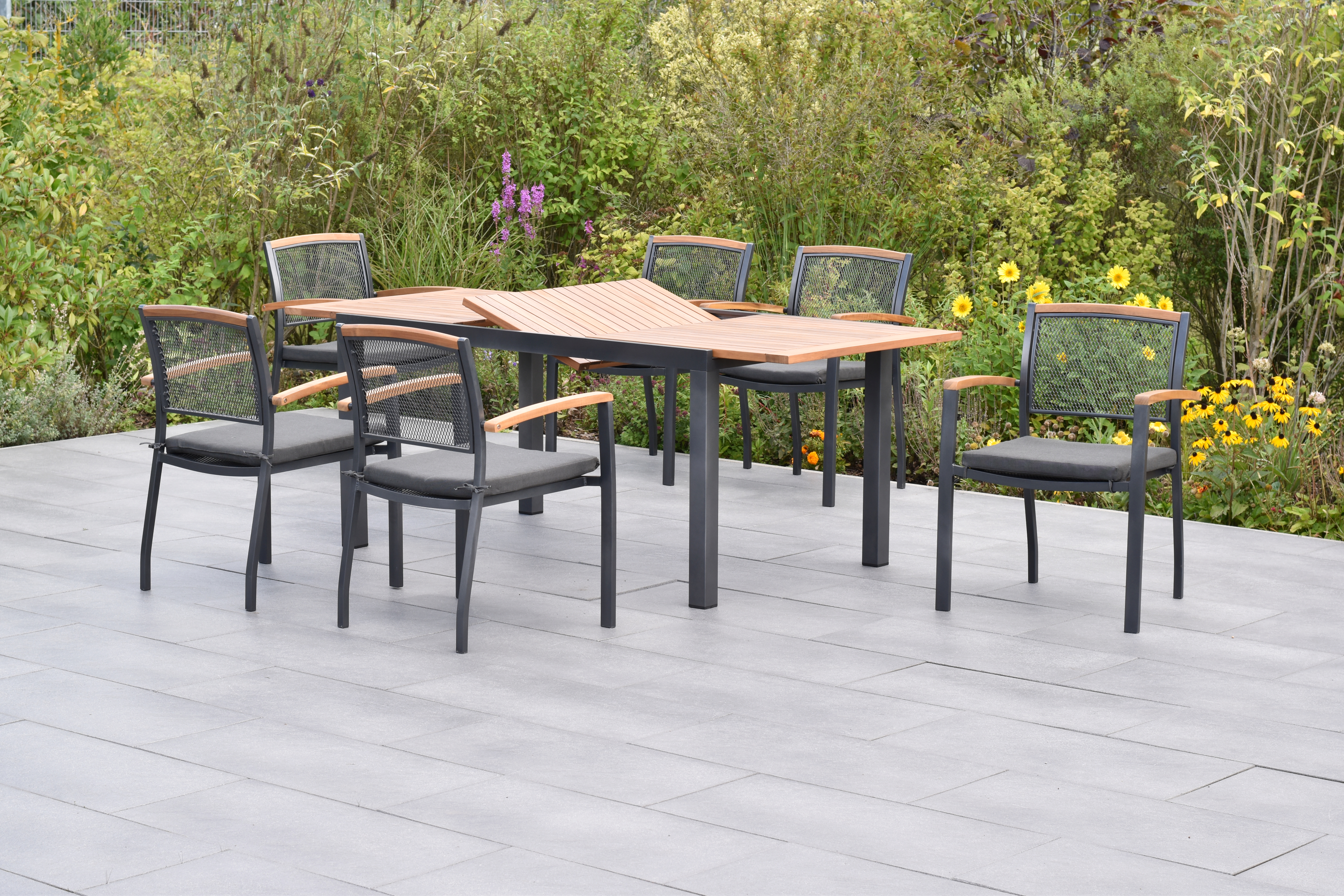 Tilos Set 13tlg., 6 Stapelsessel, 6 Auflagen, Ausziehtisch Tilos Set 13tlg., 6 Stapelsessel, 6 Auflagen, Ausziehtisch