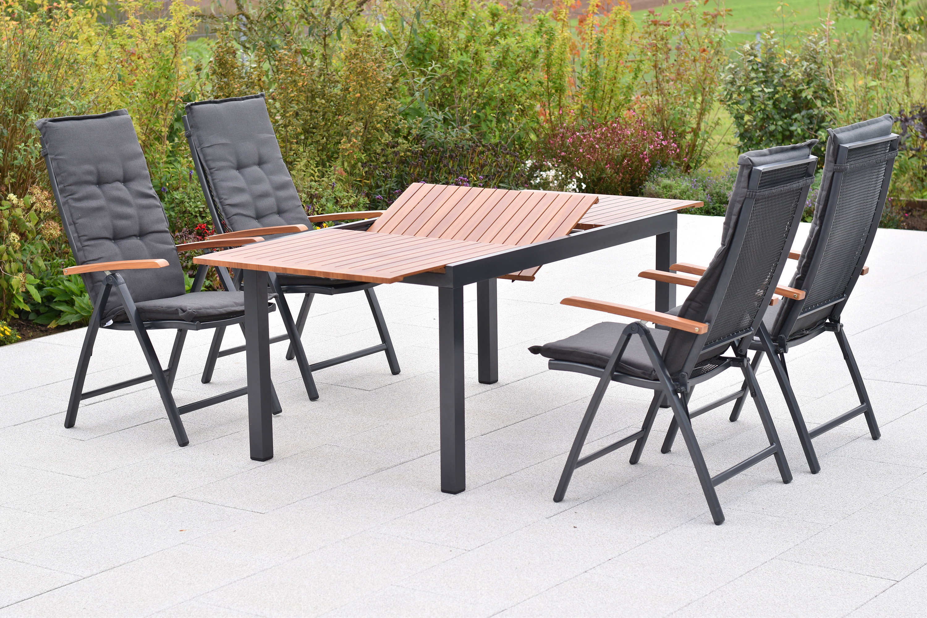 Thasos Gartenmöbel Set 9tlg., 4 Klappsessel, 4 Auflagen, Ausziehtisch 150 (200 ) x 90 cm, Aluminium