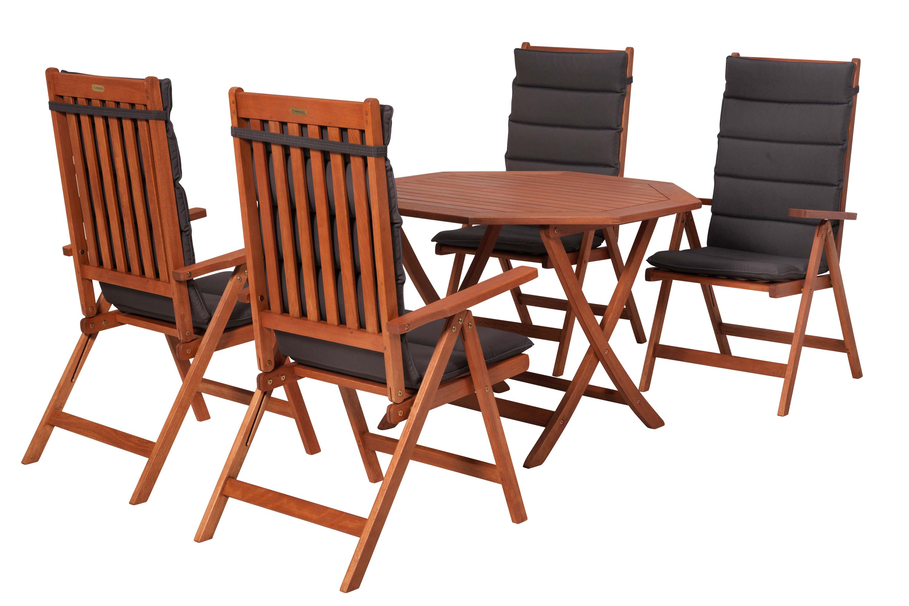 Vitoria Gartenmöbel Set 9tlg., 4 Klappsessel, 4 graue Auflagen, Klapptisch Ø 100 cm