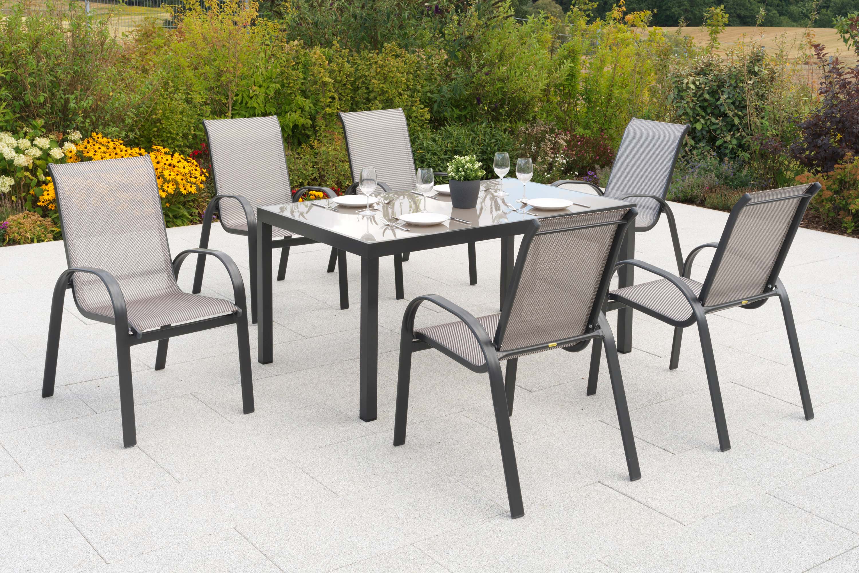 Amalfi Gartenmöbel Set 7tlg., 6 Stapelsessel, Tisch 150 x 90 cm, graphit/diamantbraun, Aluminium/Textil