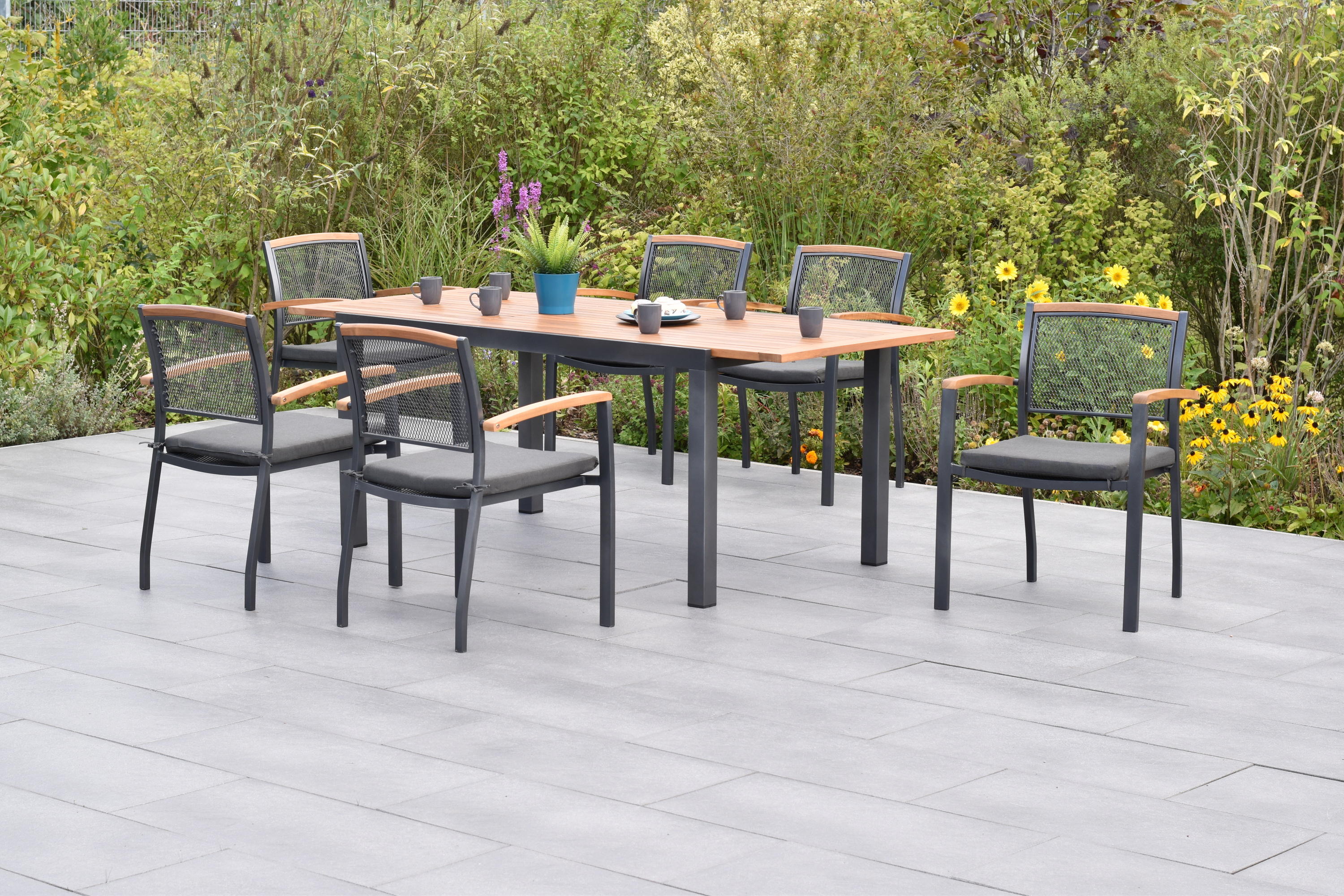 Tilos Set 13tlg., 6 Stapelsessel, 6 Auflagen, Ausziehtisch Tilos Set 13tlg., 6 Stapelsessel, 6 Auflagen, Ausziehtisch