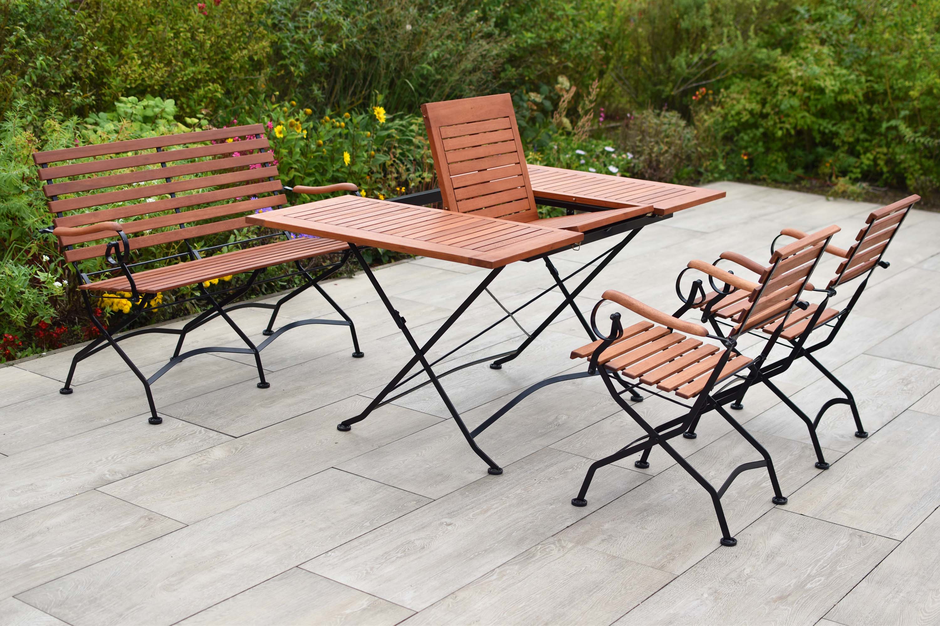 Schlossgarten Gartenmöbel Set 4tlg., 2 Sessel, zweisitzige Bank, Klappausziehtisch, Flachstahl/Eukalyptus