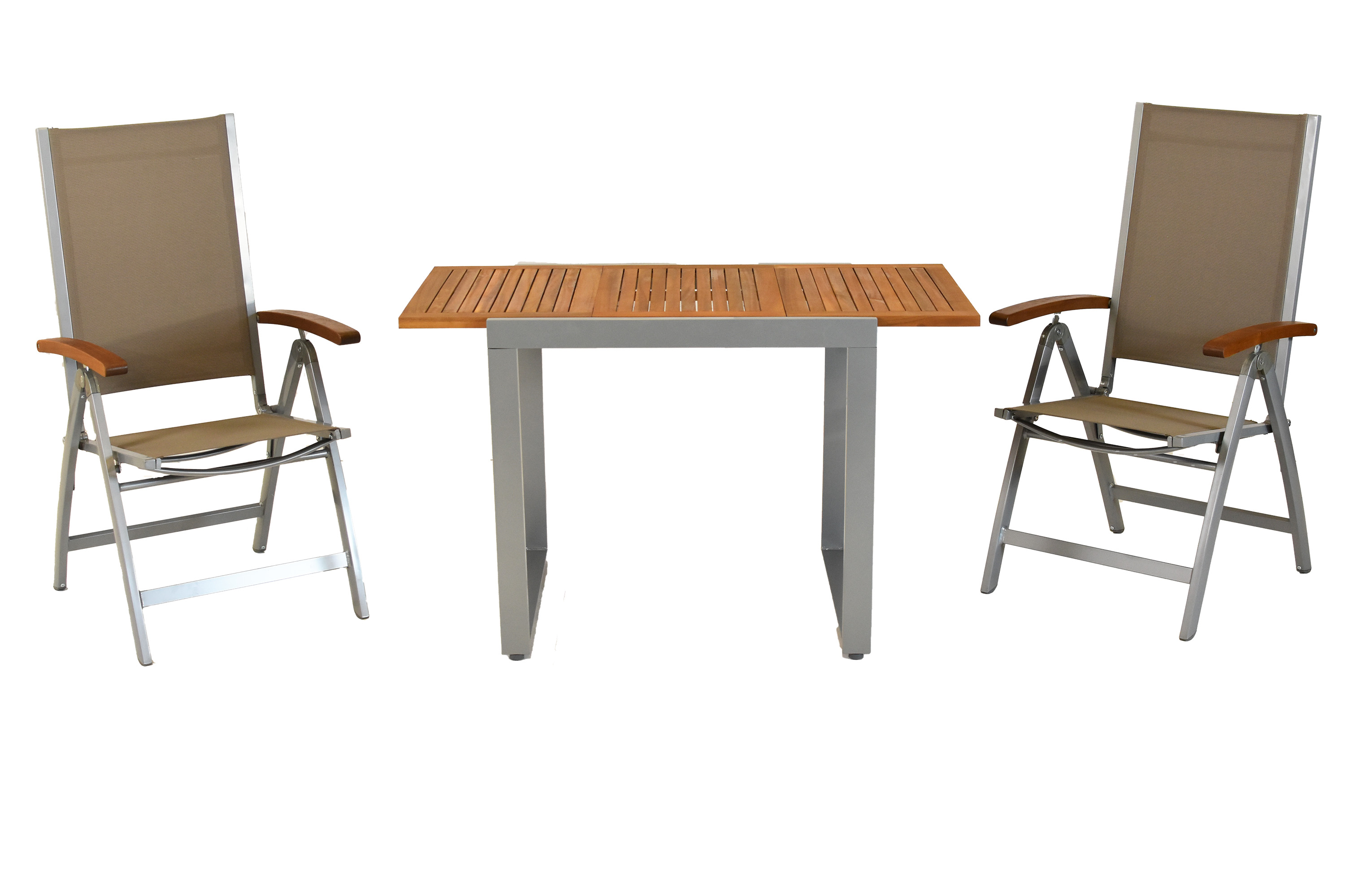 Naxos Gartenmöbel Set 3tlg., 2 Klappsessel, verstellbare Rückenlehne, Ausziehtisch 80 (120) x 70 cm Naxos Gartenmöbel Set 3tlg., 2 Klappsessel, verstellbare Rückenlehne, Ausziehtisch 80 (120) x 70 cm