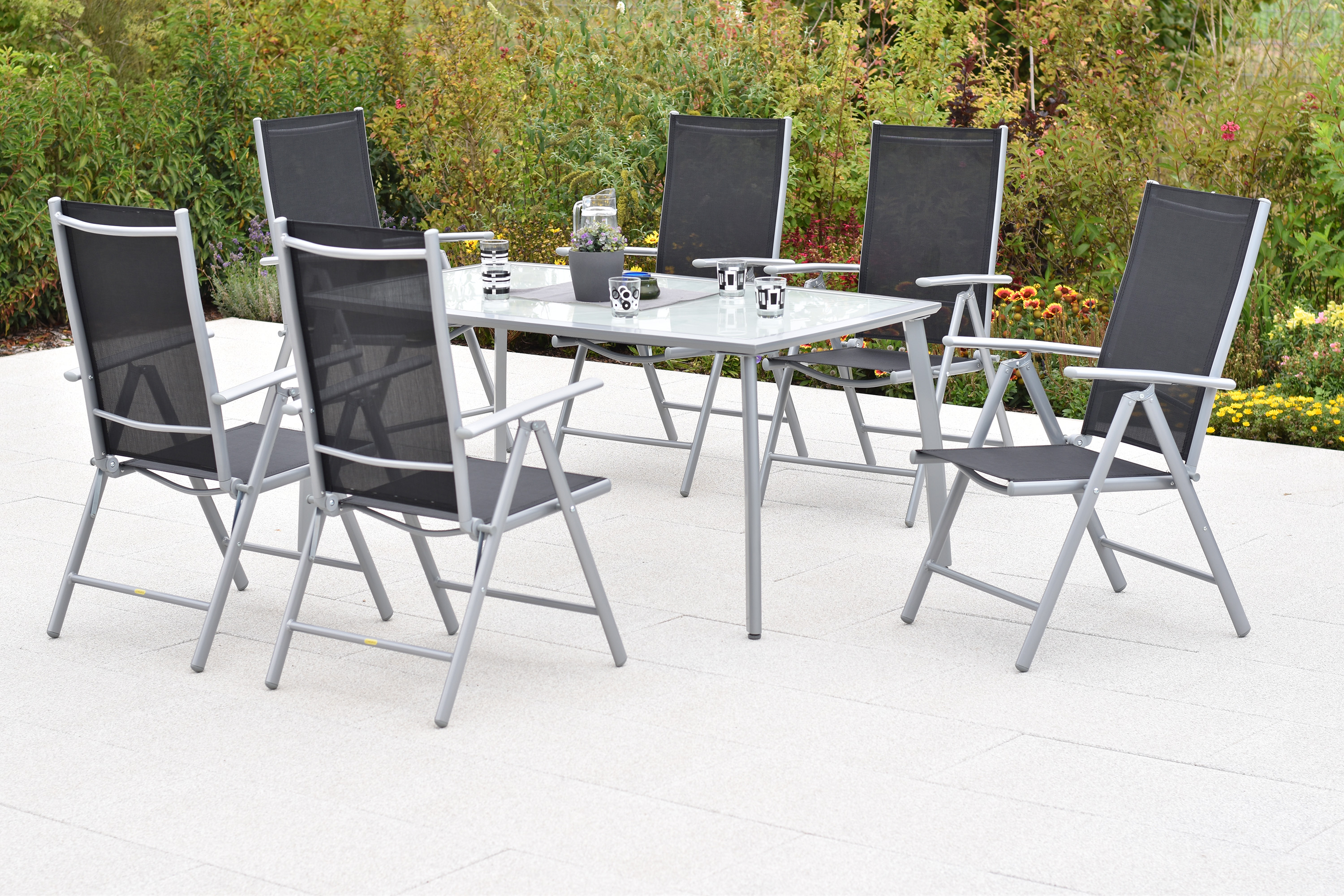 Amalfi Set 7tlg., 6 Klappsessel, Tisch 150x90 cm, schwarz